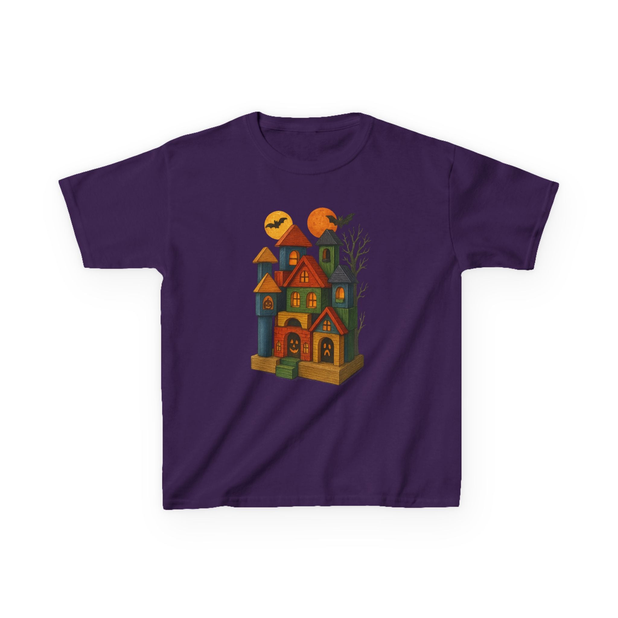 Halloween Wood Block Haunted House Kids Tee Shirt, Fall Festivities Apparel