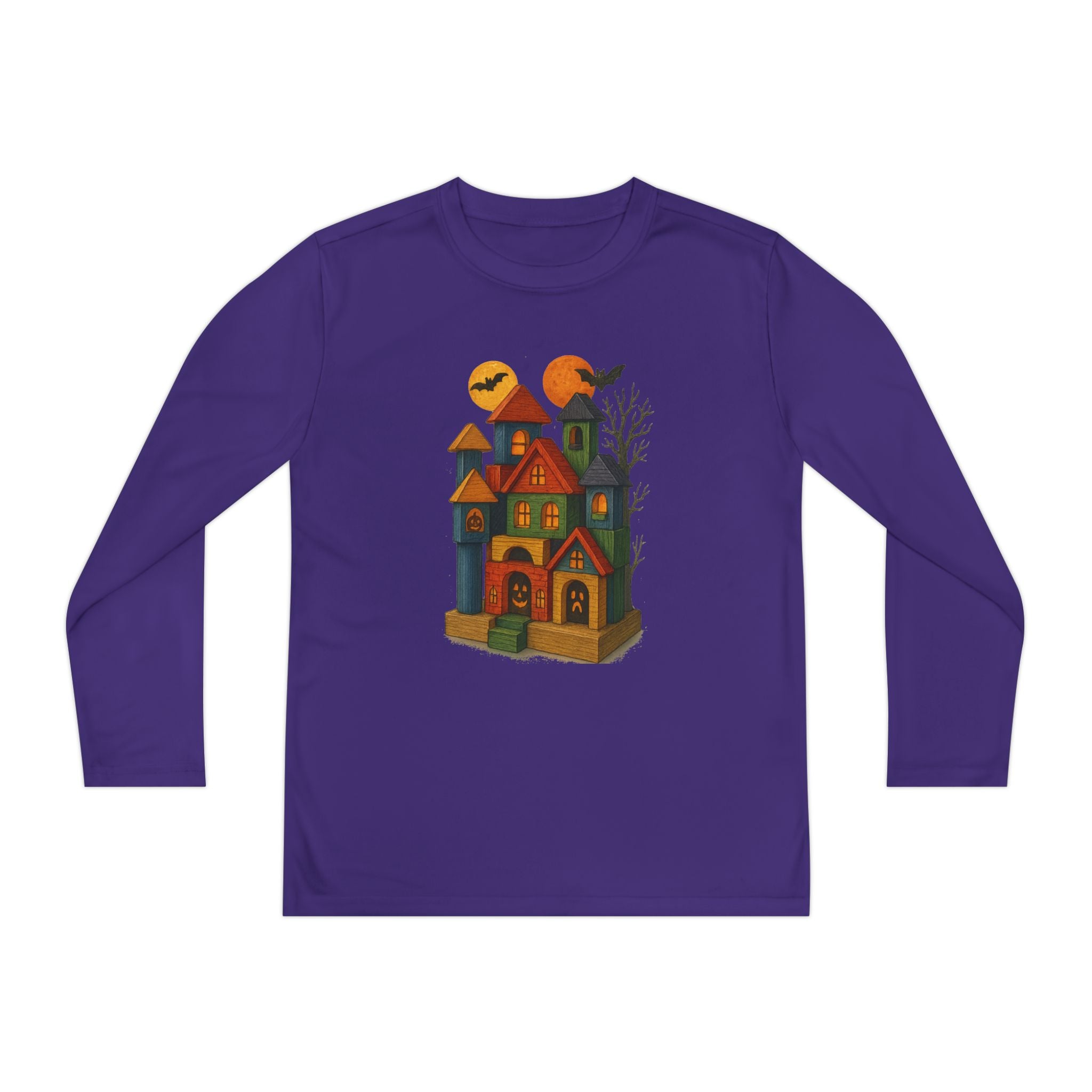 Spooky Wood Blocks Castle Long Sleeve Tee, Youth Shirt, Halloween, Fall Wardrobe Essential, Kids Graphic Tee