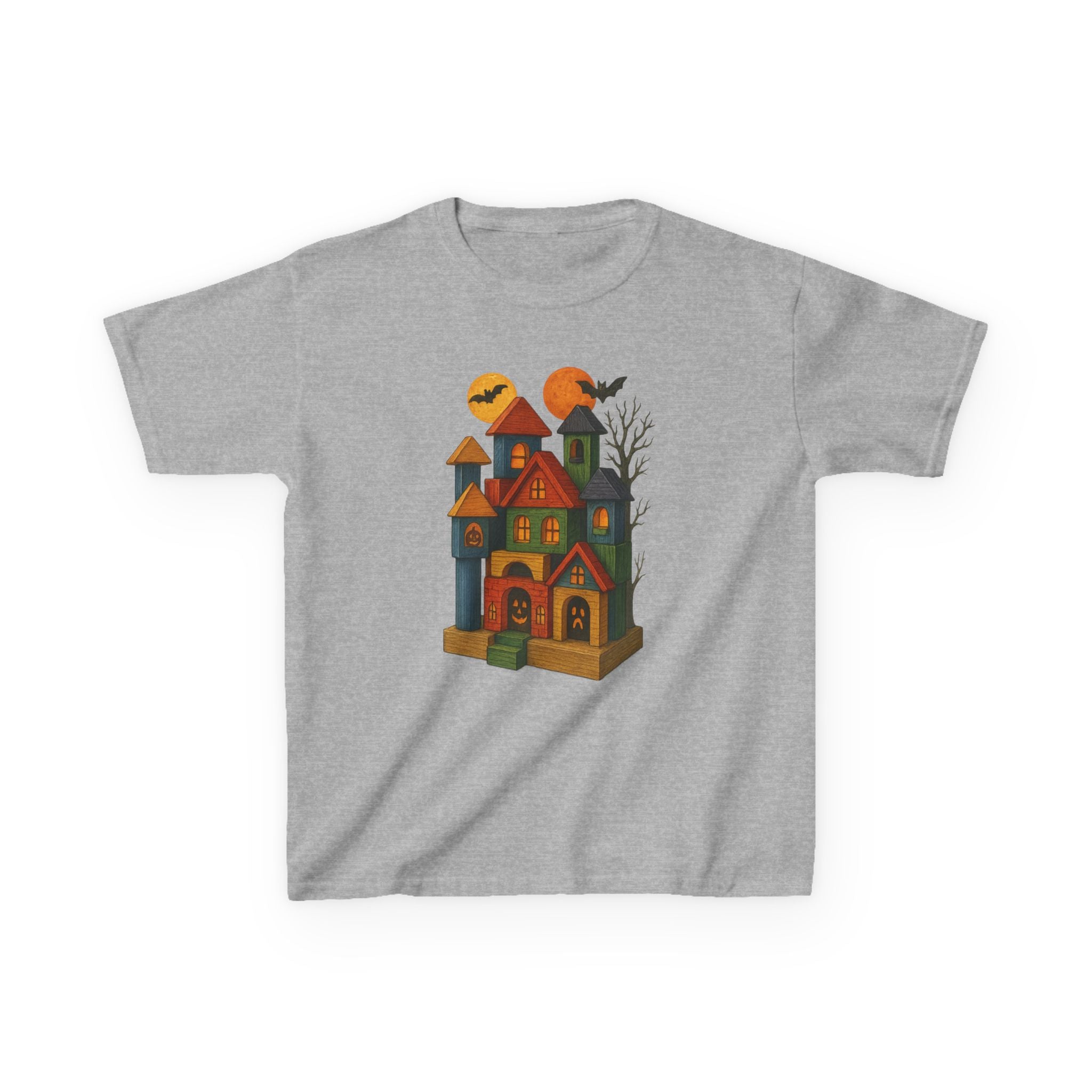 Halloween Wood Block Haunted House Kids Tee Shirt, Fall Festivities Apparel