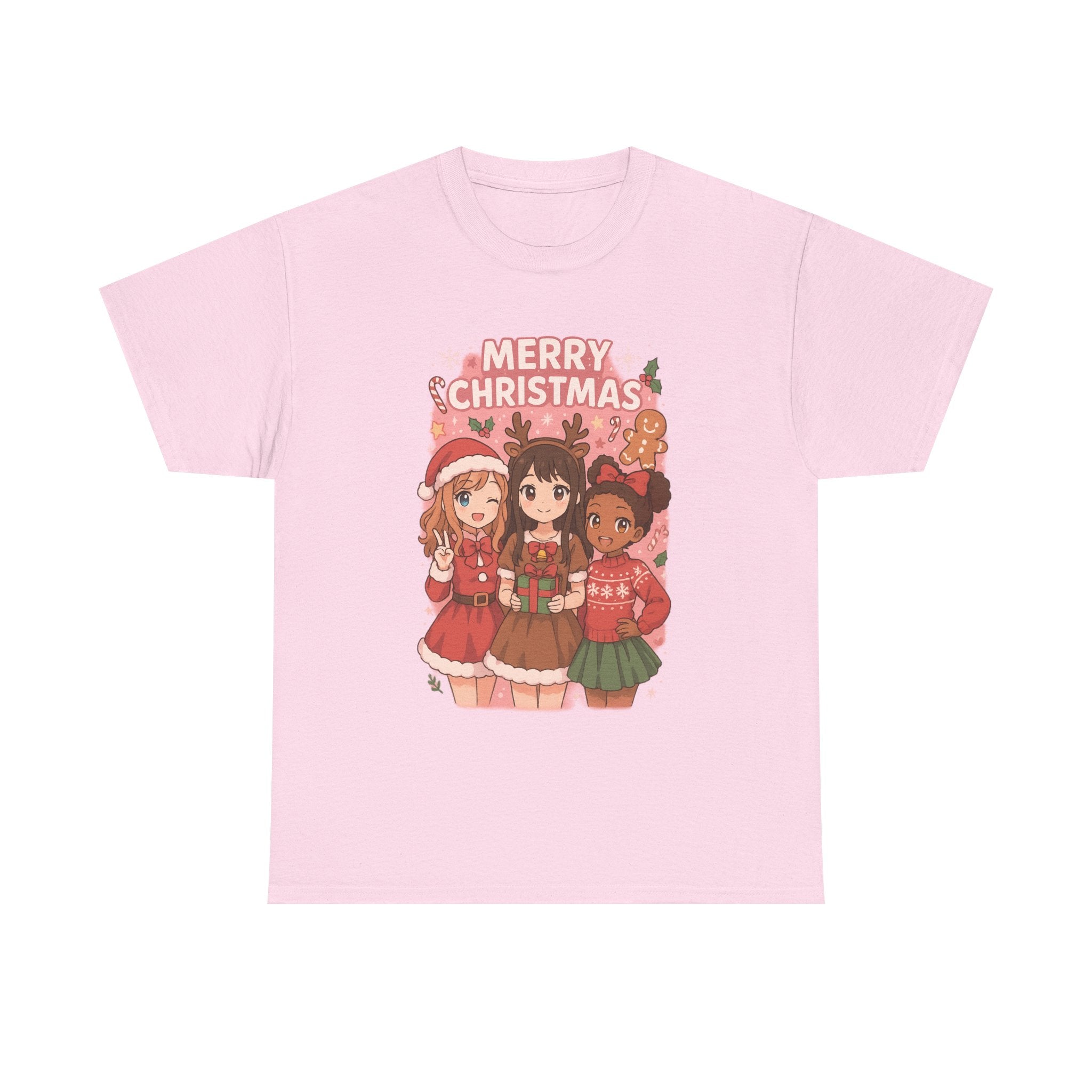 Merry Christmas Girls Pink Anime Heavy Cotton Tee