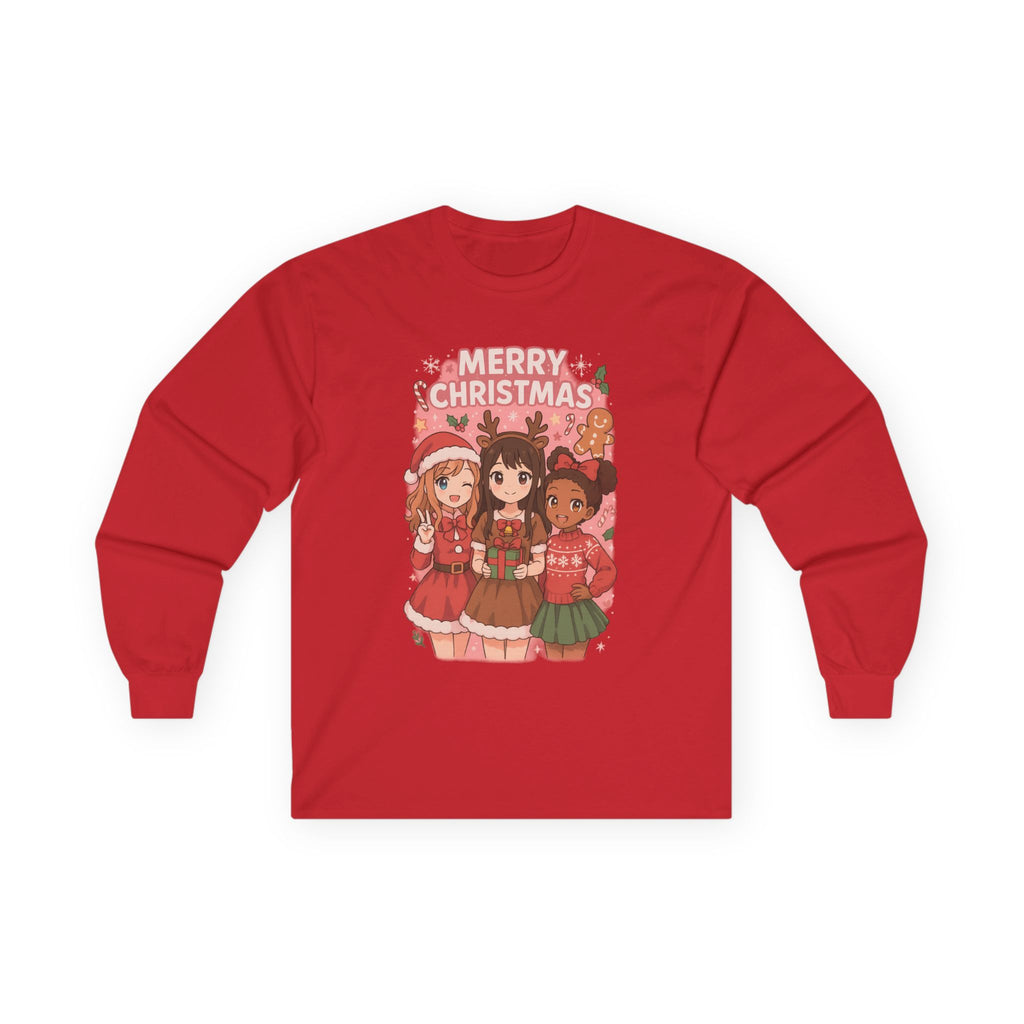 Festive Merry Christmas Pink Anime Cartoon Long Sleeve Tee for Holiday Cheer
