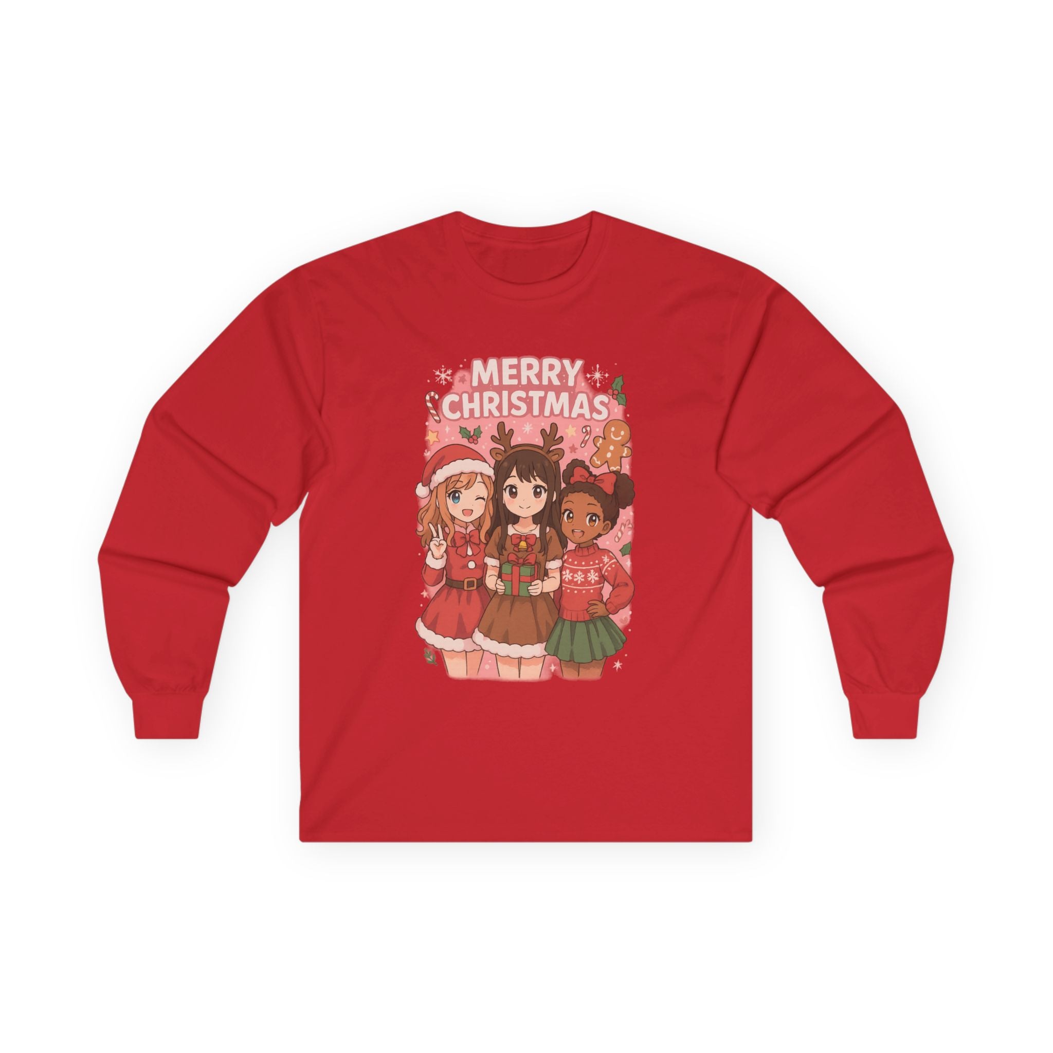 Festive Merry Christmas Pink Anime Cartoon Long Sleeve Tee for Holiday Cheer