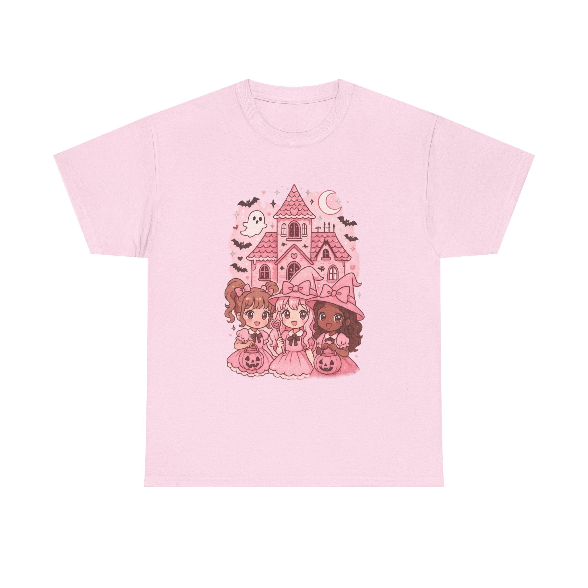 Anime Cartoon Cute Halloween Graphic Tee, Pink Haunted House Art, Unisex Cotton Shirt, Gift for Girls