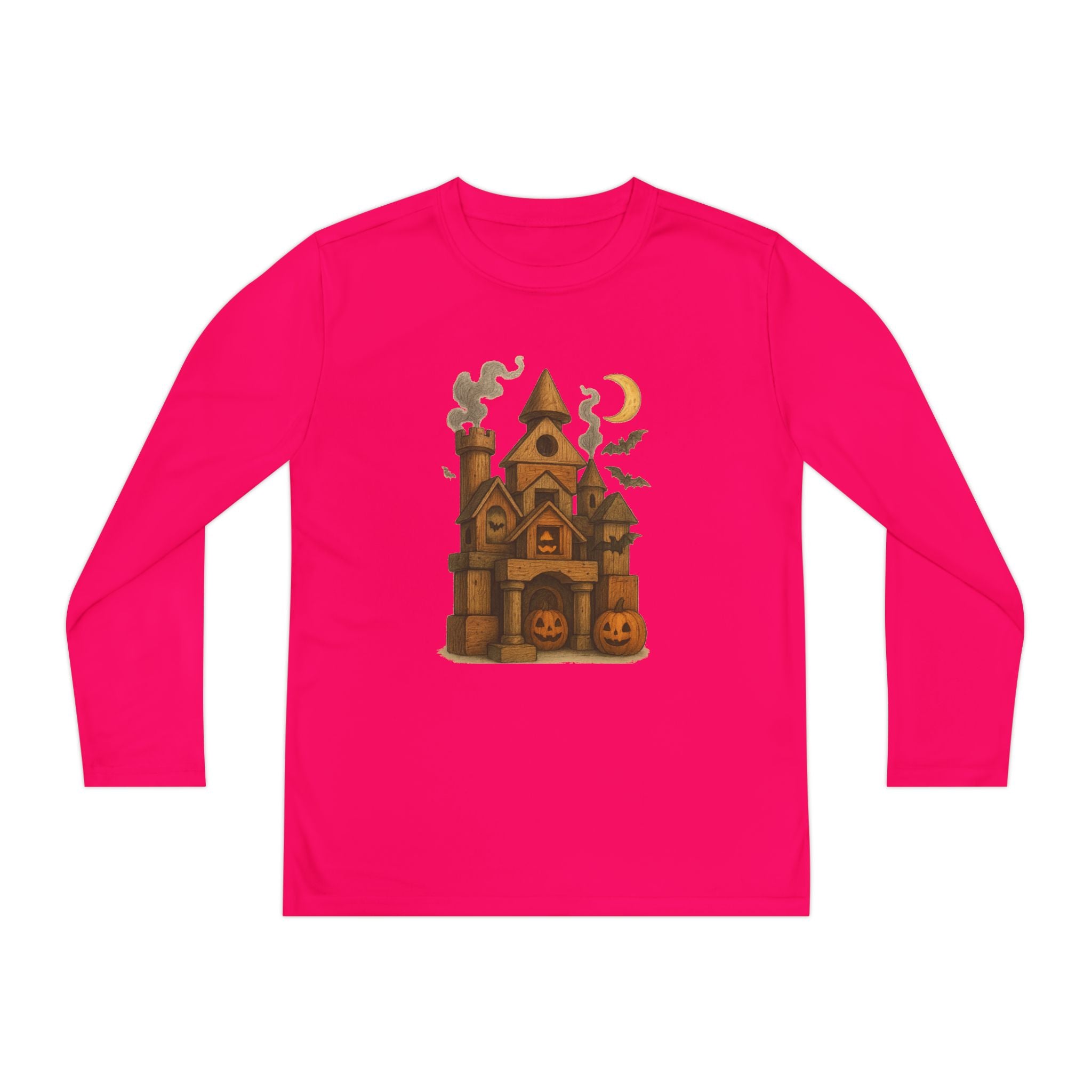 Youth Halloween Long Sleeve Tee Shirt, Spooky Wood Blocks Castle, Fall Apparel