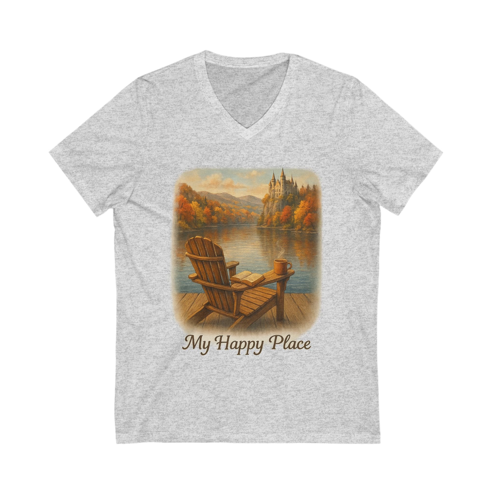 My Happy Place V-Neck Tee, Unisex Short Sleeve Shirt for Relaxation, Nature Lovers, Summer Outings, Gift for Friends, Book Lovers