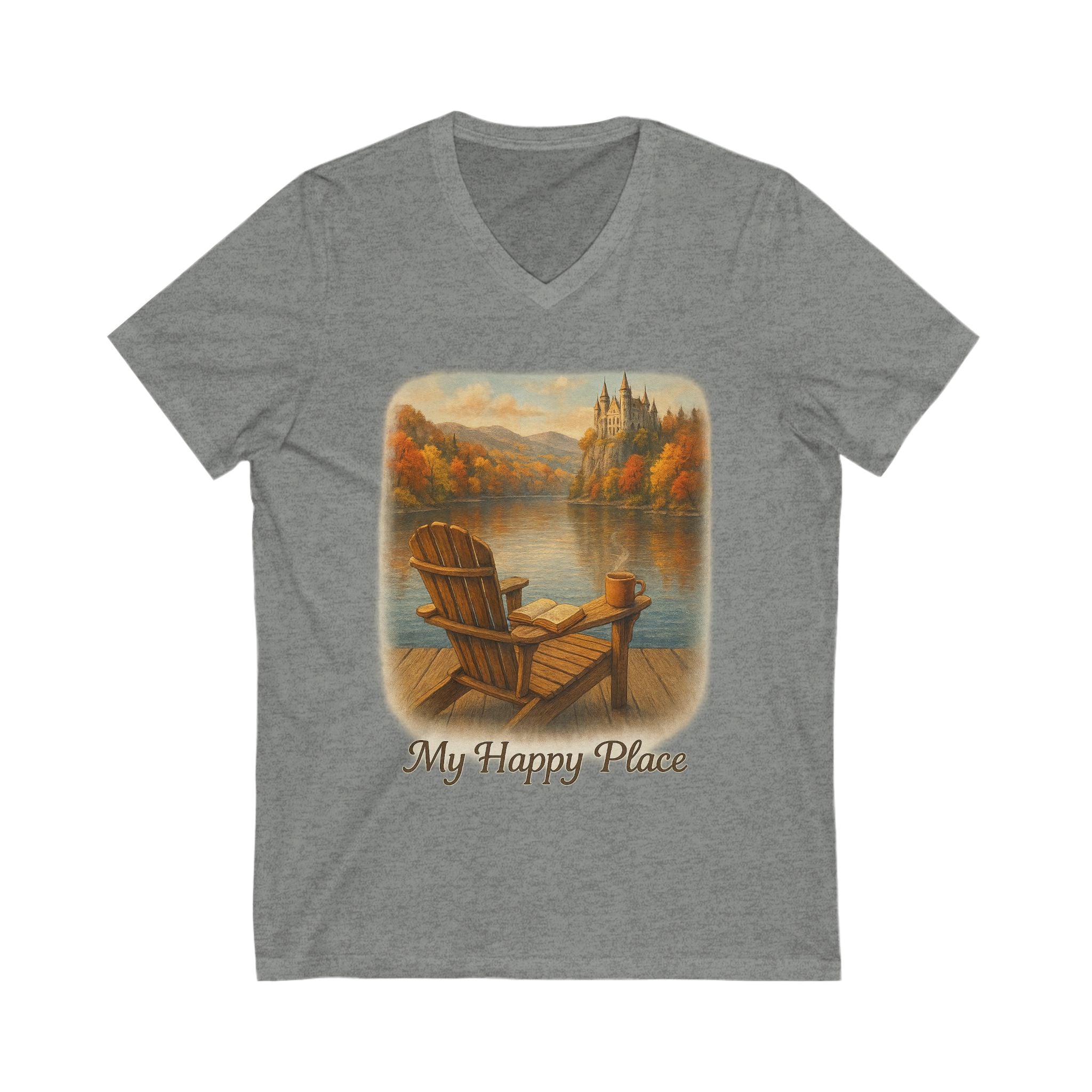 My Happy Place V-Neck Tee, Unisex Short Sleeve Shirt for Relaxation, Nature Lovers, Summer Outings, Gift for Friends, Book Lovers