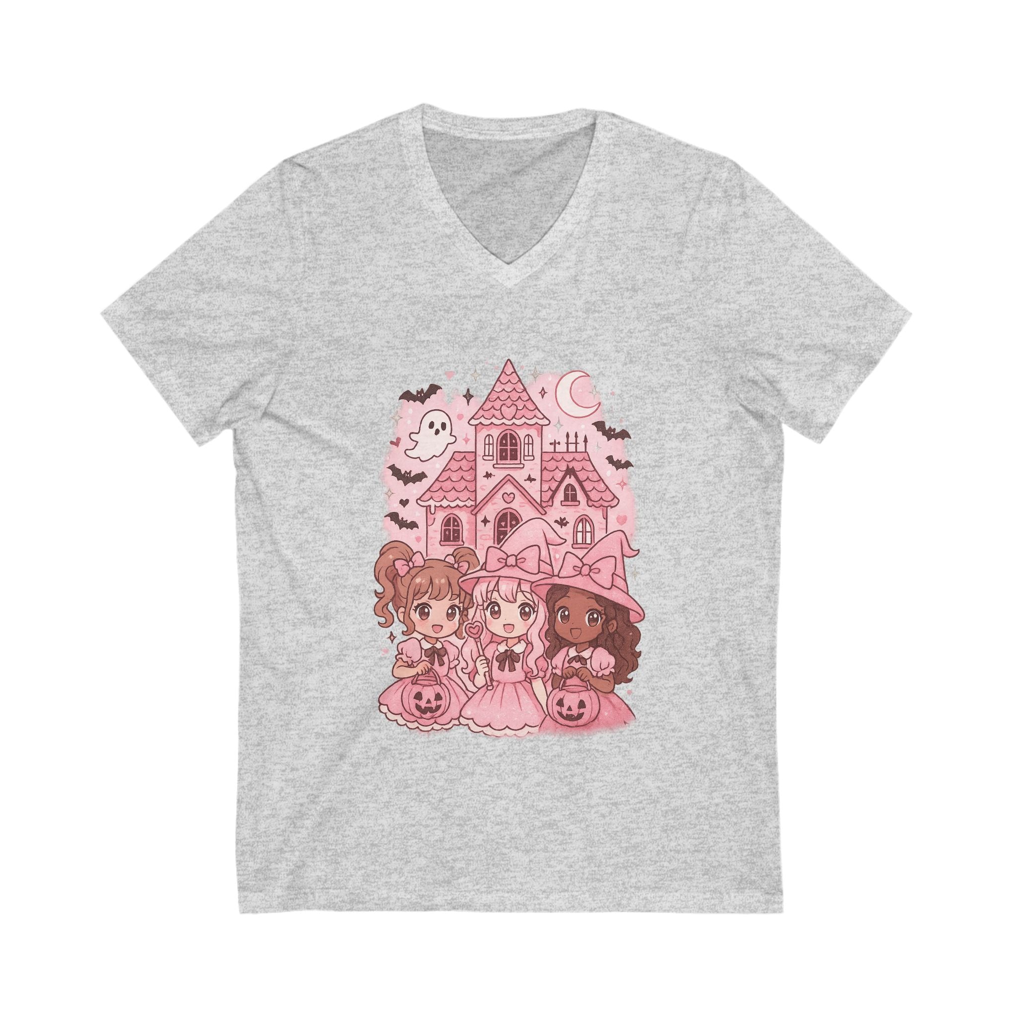 Anime Cartoon, Cute Halloween V-Neck Tee, Halloween Shirt, Spooky Girls Tee, Kawaii Ghost T-Shirt, Fun Fall Fashion