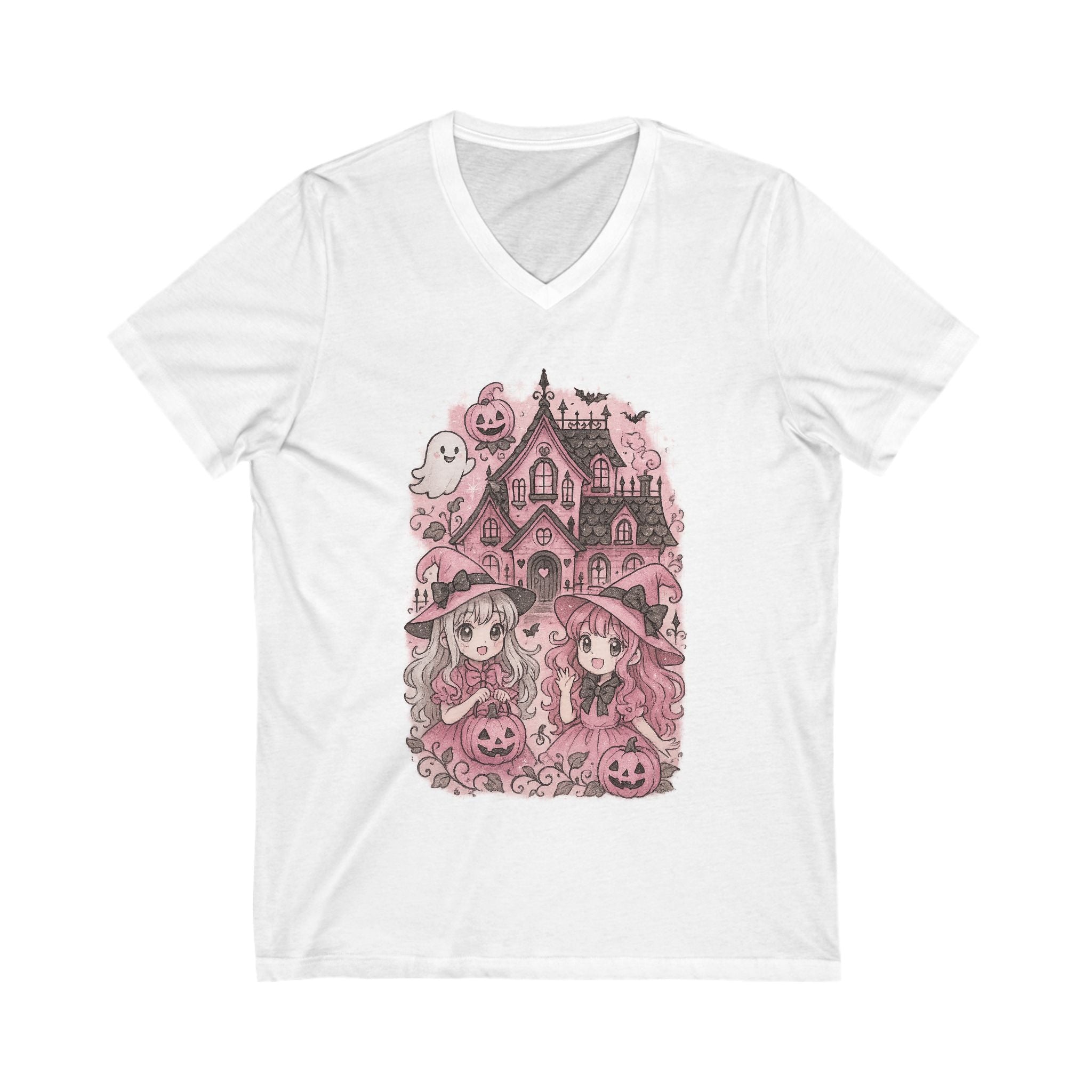 Anime Cartoon Whimsical Halloween V-Neck Tee, Cute Ghost & Witches Shirt, Spooky Season Top, Fall Fashion,