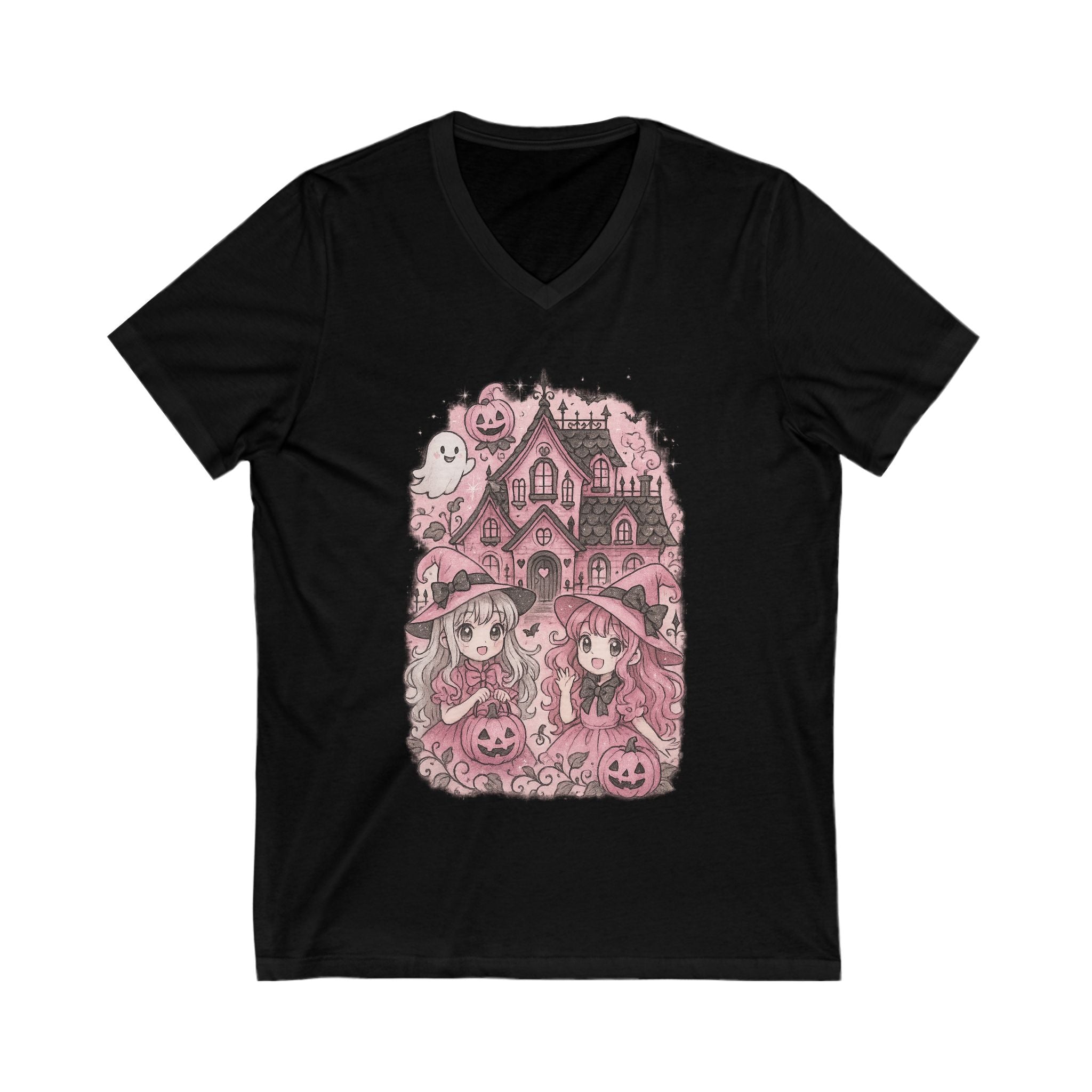 Anime Cartoon Whimsical Halloween V-Neck Tee, Cute Ghost & Witches Shirt, Spooky Season Top, Fall Fashion,