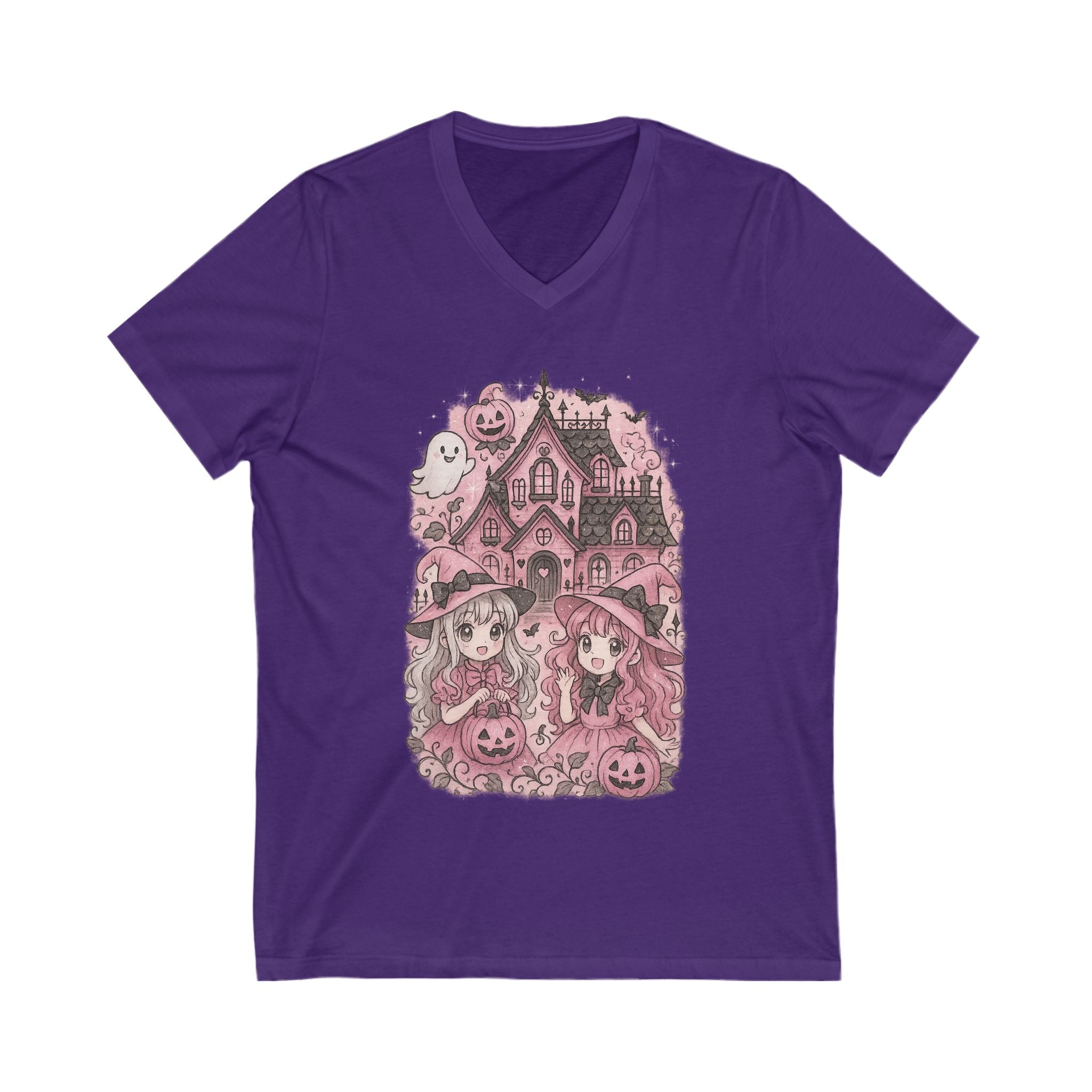 Anime Cartoon Whimsical Halloween V-Neck Tee, Cute Ghost & Witches Shirt, Spooky Season Top, Fall Fashion,