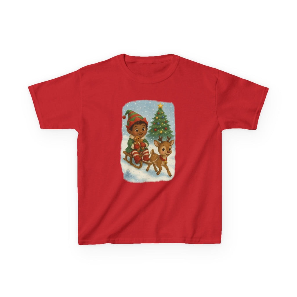 Kids Christmas Elf Sledding Reindeer Holiday T-Shirt