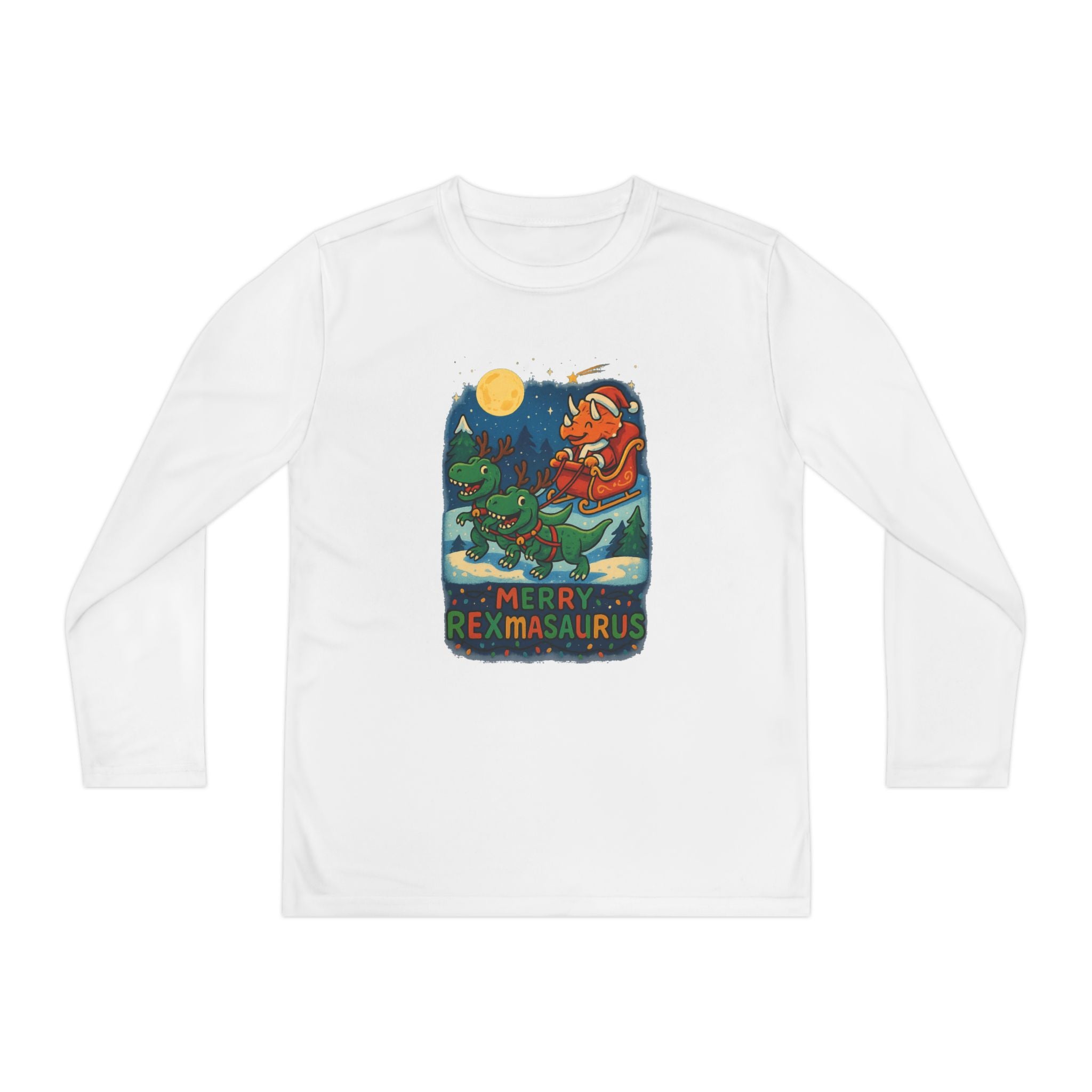 Merry Rexmas Kids Dinosaur Santa Sleigh Christmas Holiday Long Sleeve Tee