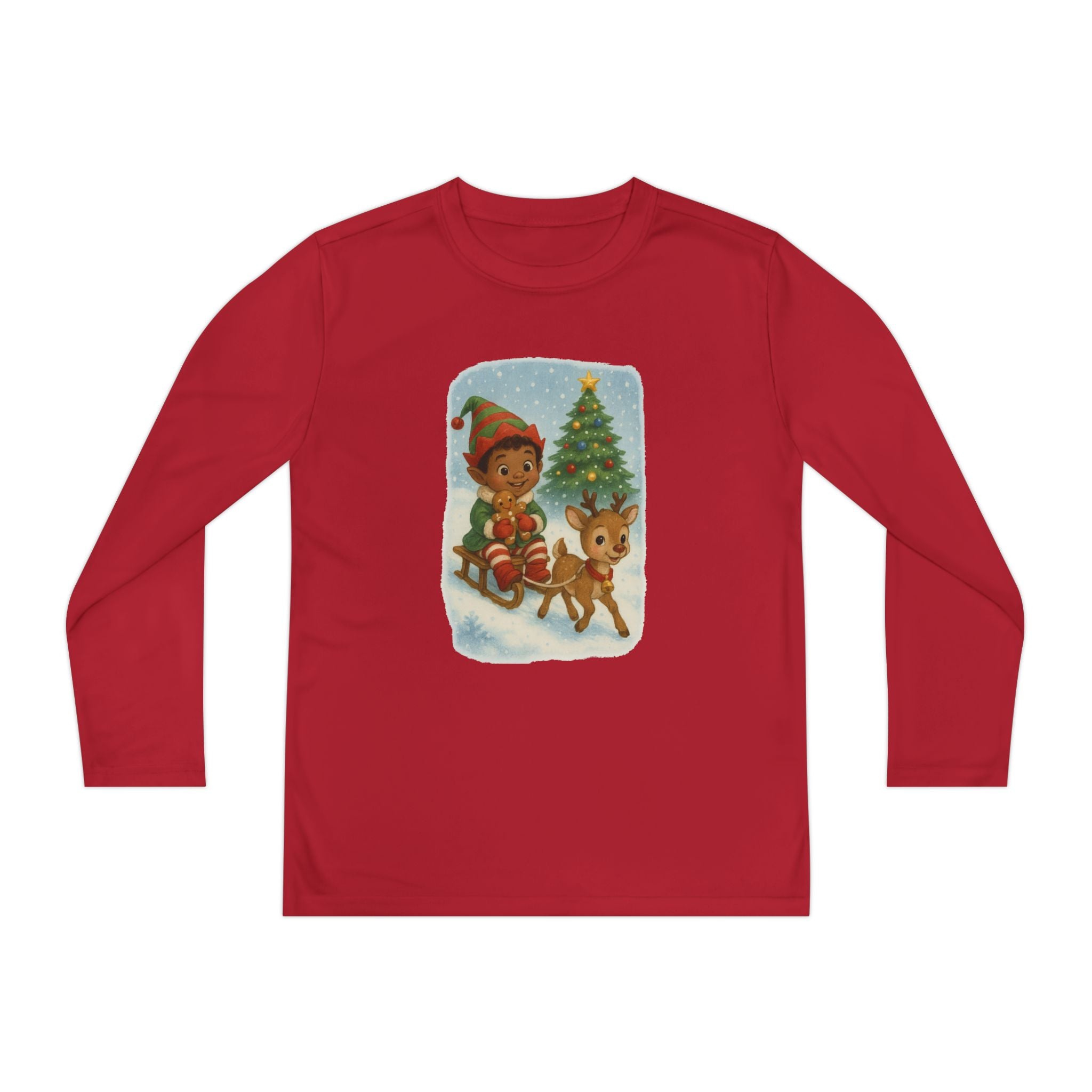 Holiday Elf and Deer Sledding Kids Christmas Long Sleeve Tee