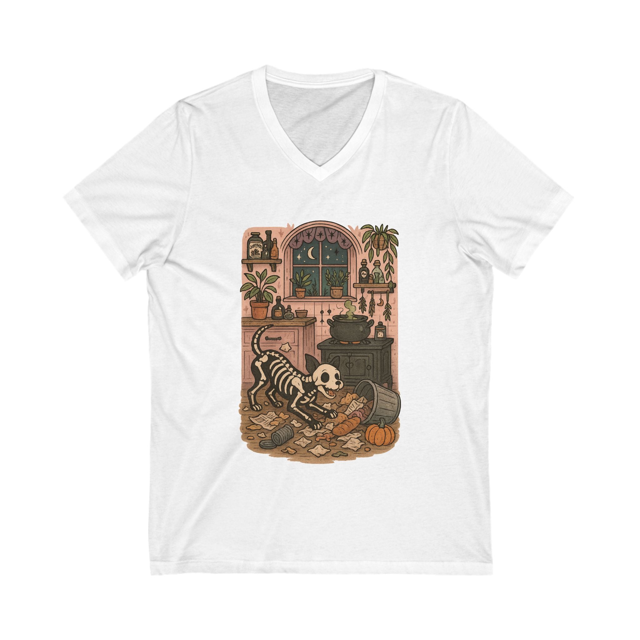 Whimsical Skeleton V-Neck Tee | Halloween, Dog Lovers, Cozy, Unique Gift, Graphic T-Shirt