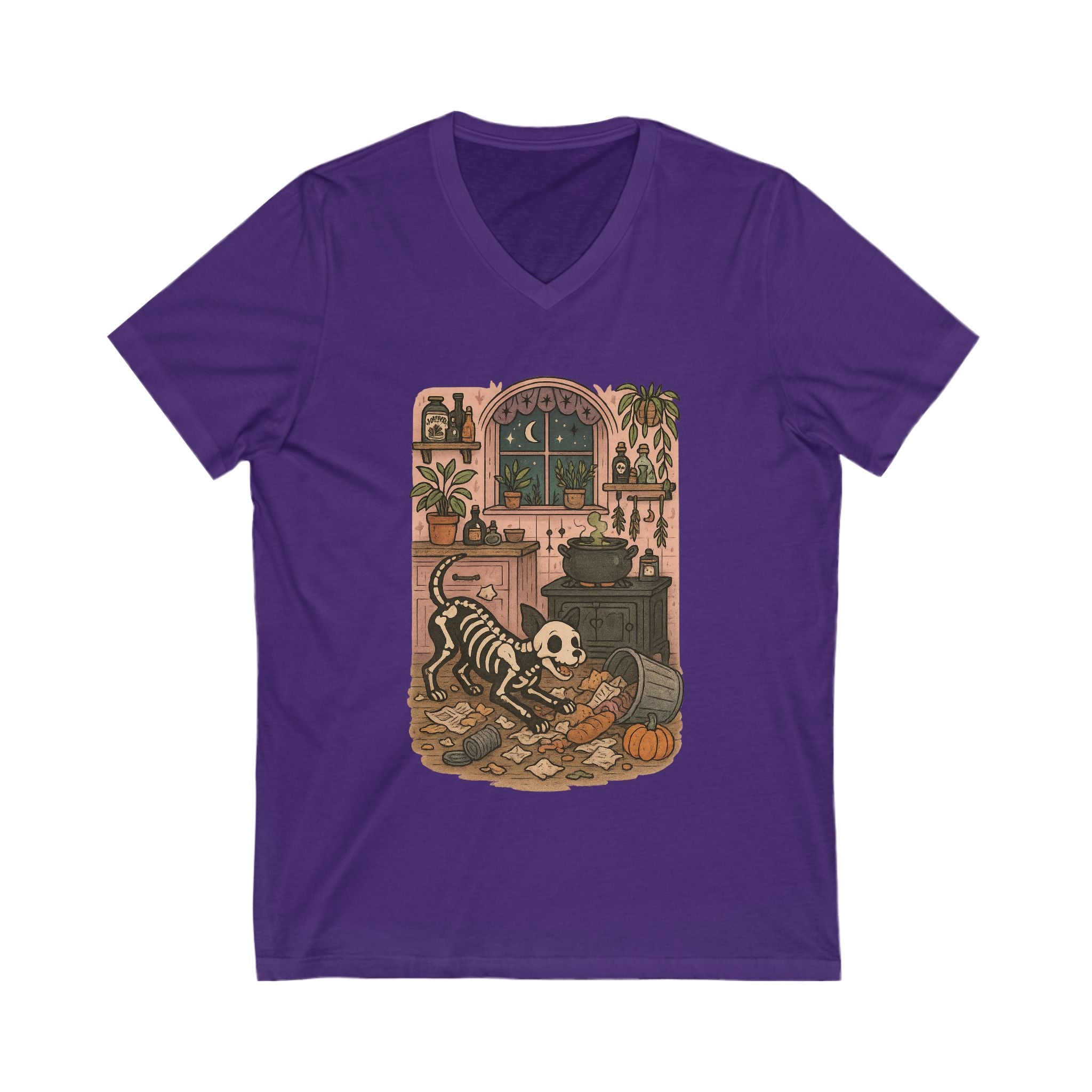 Whimsical Skeleton V-Neck Tee | Halloween, Dog Lovers, Cozy, Unique Gift, Graphic T-Shirt