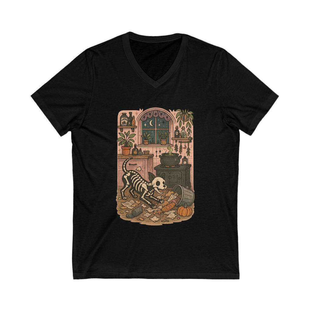Whimsical Skeleton V-Neck Tee | Halloween, Dog Lovers, Cozy, Unique Gift, Graphic T-Shirt
