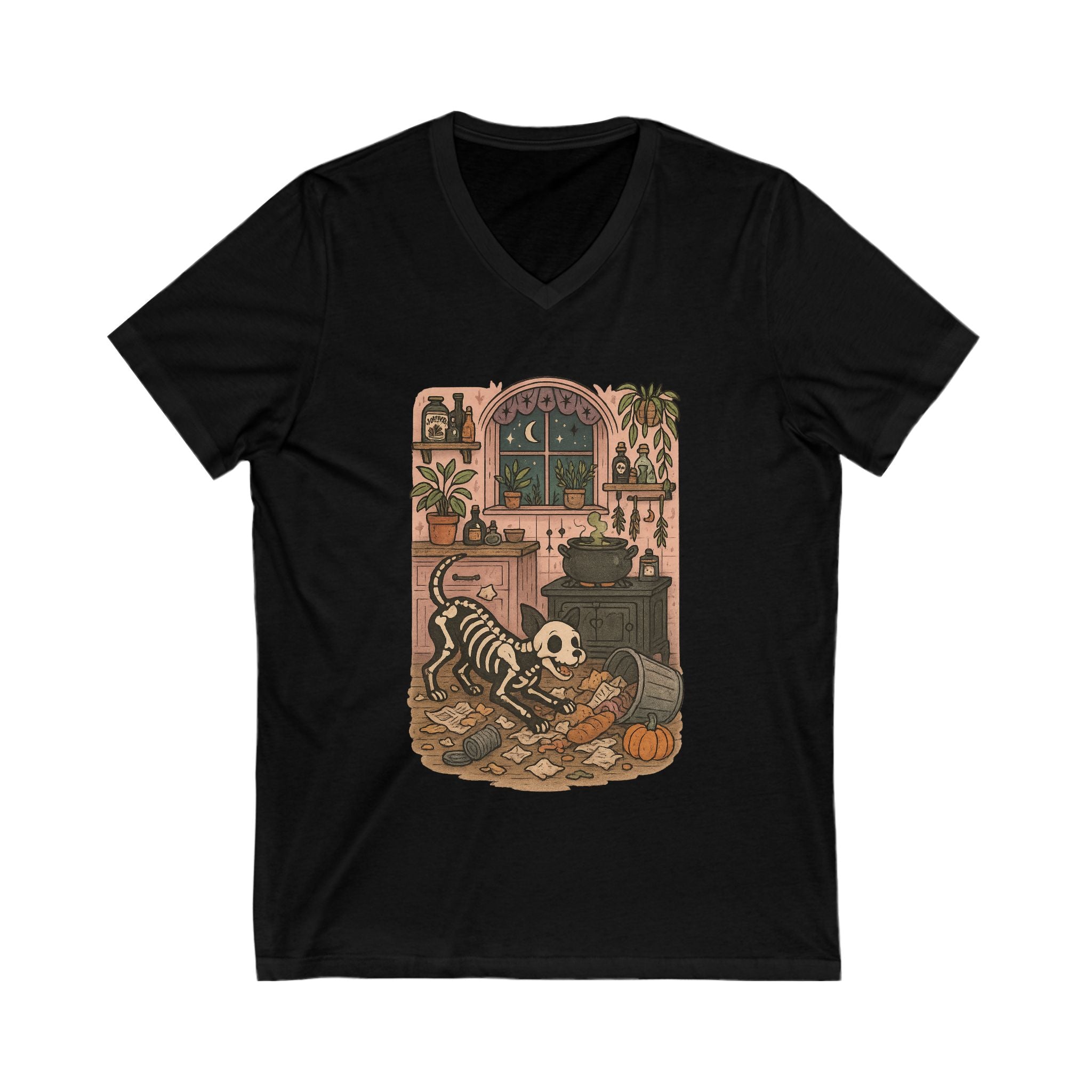 Whimsical Skeleton V-Neck Tee | Halloween, Dog Lovers, Cozy, Unique Gift, Graphic T-Shirt