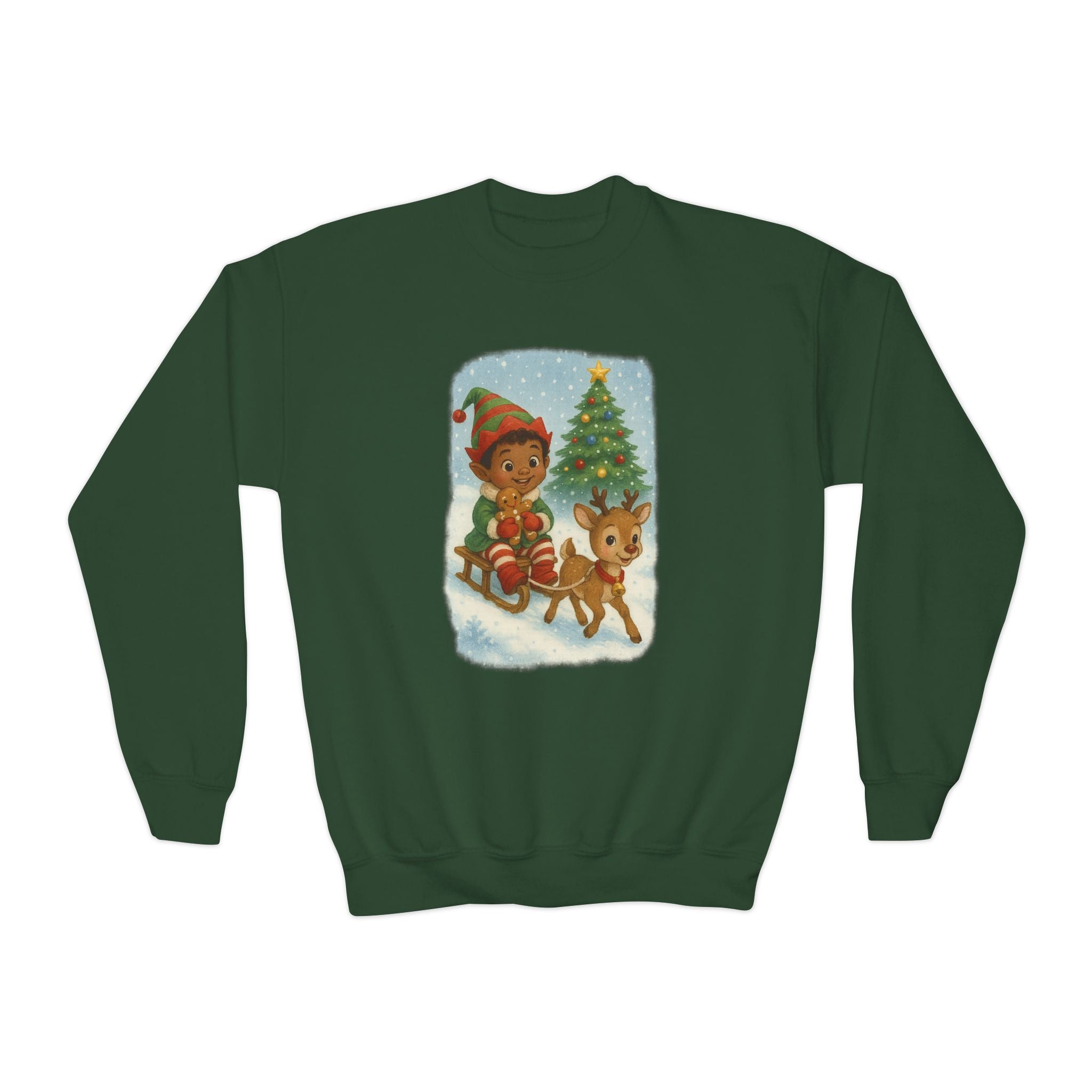 Christmas Elf Sledding Reindeer Kids Holiday Sweatshirt