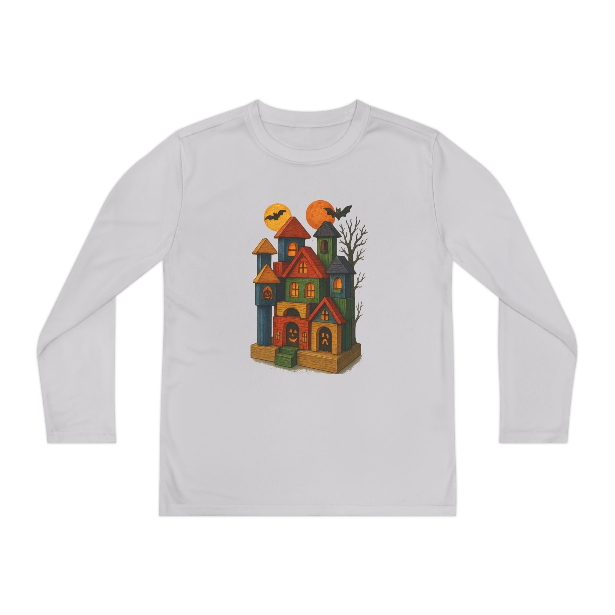 Spooky Wood Blocks Castle Long Sleeve Tee, Youth Shirt, Halloween, Fall Wardrobe Essential, Kids Graphic Tee