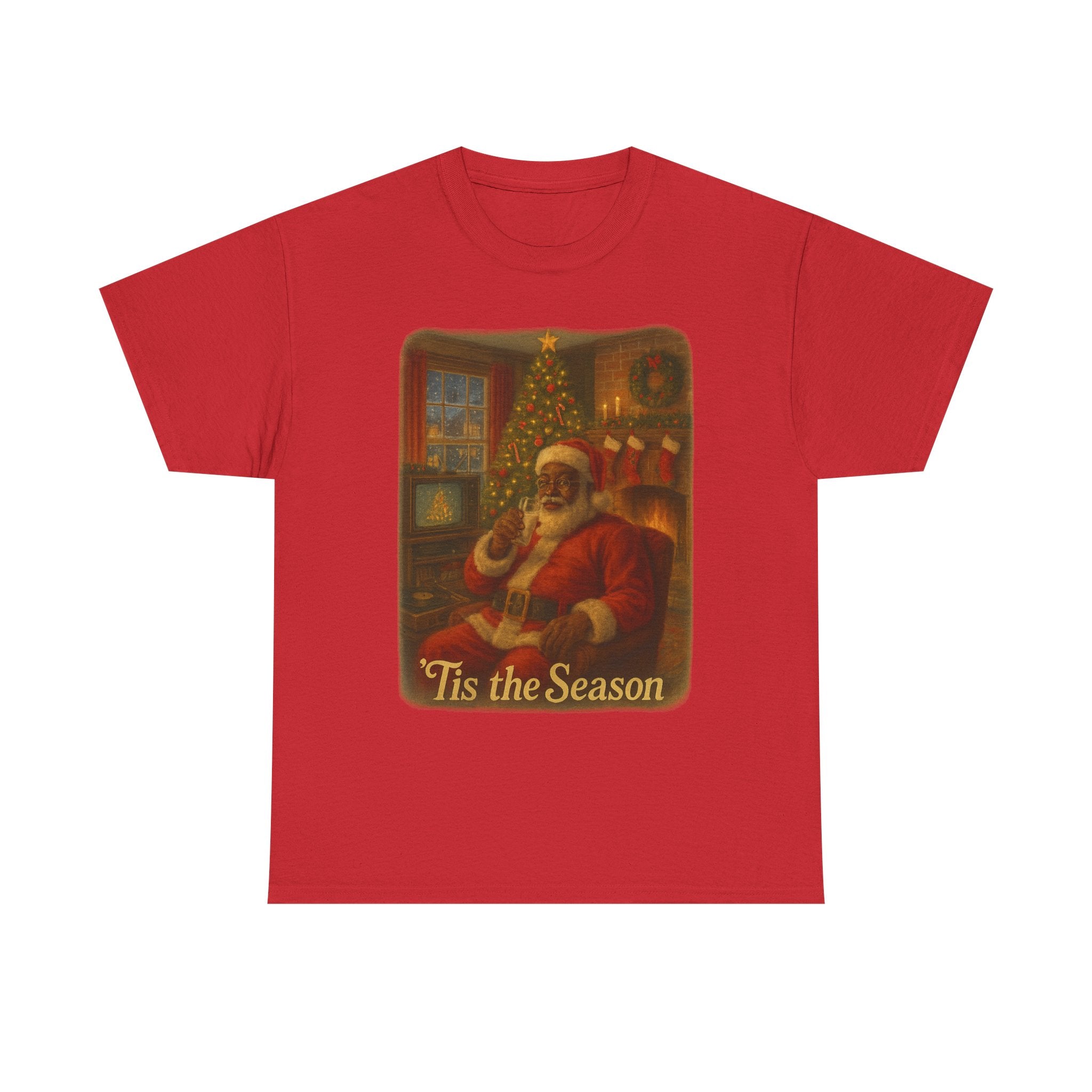 Festive Black Santa Cotton Tee - Nostalgic 'Tis the Season vintage Christmas Shirt