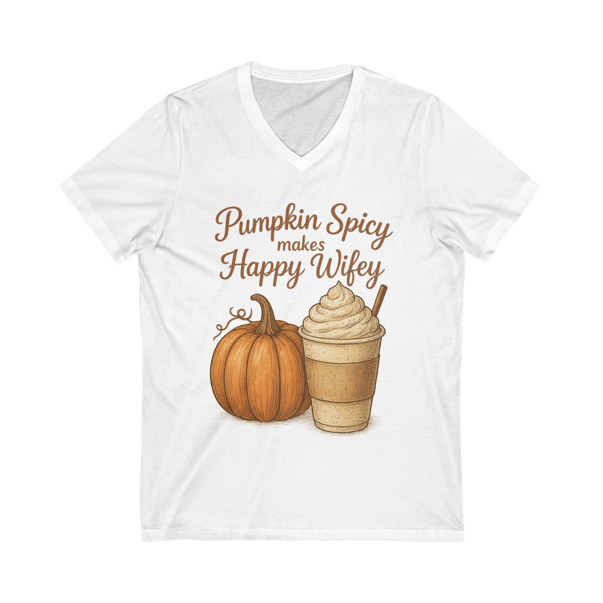 Pumpkin Spice Happy Wifey V-Neck Tee | Fall Shirt, Autumn Fashion, Seasonal Tee, Gift for Her, Cute Coffee Tee