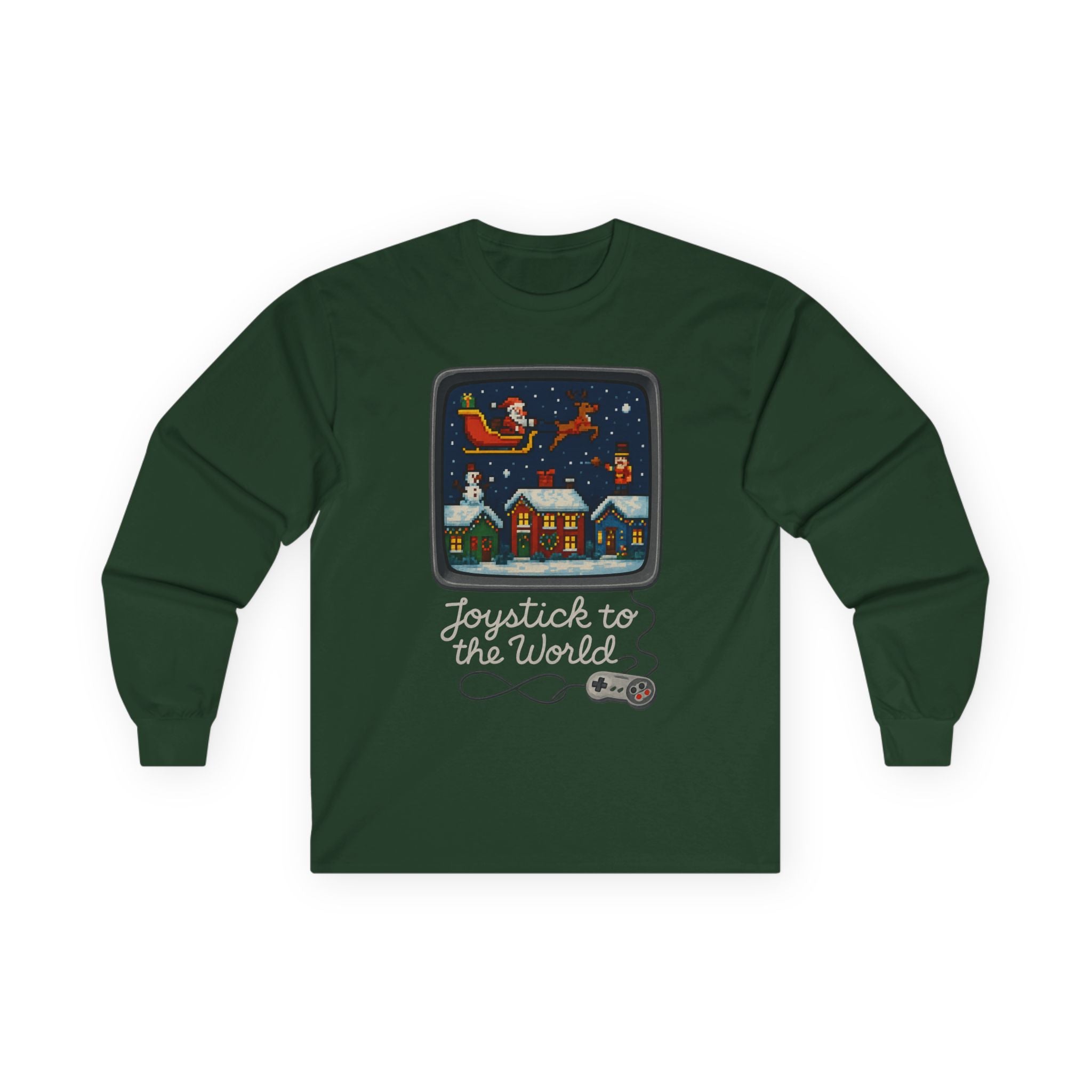 Christmas Video Game Nostalgic "Joystick to the World" Retro Holiday Gaming Long Sleeve Tee