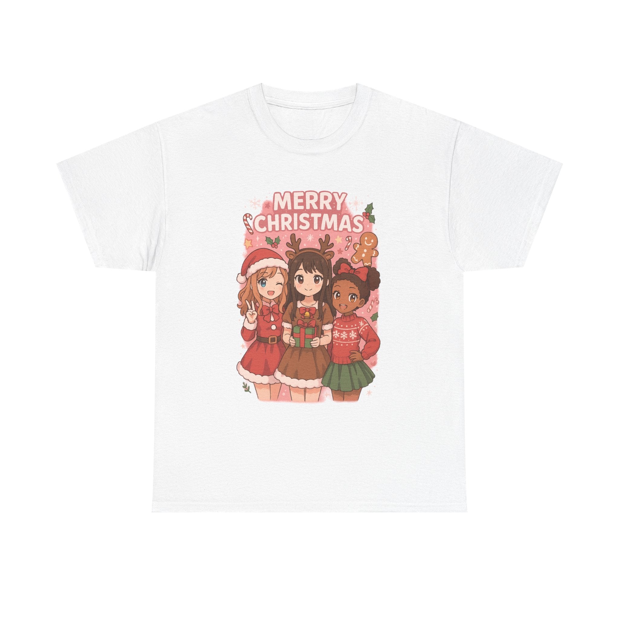 Merry Christmas Girls Pink Anime Heavy Cotton Tee