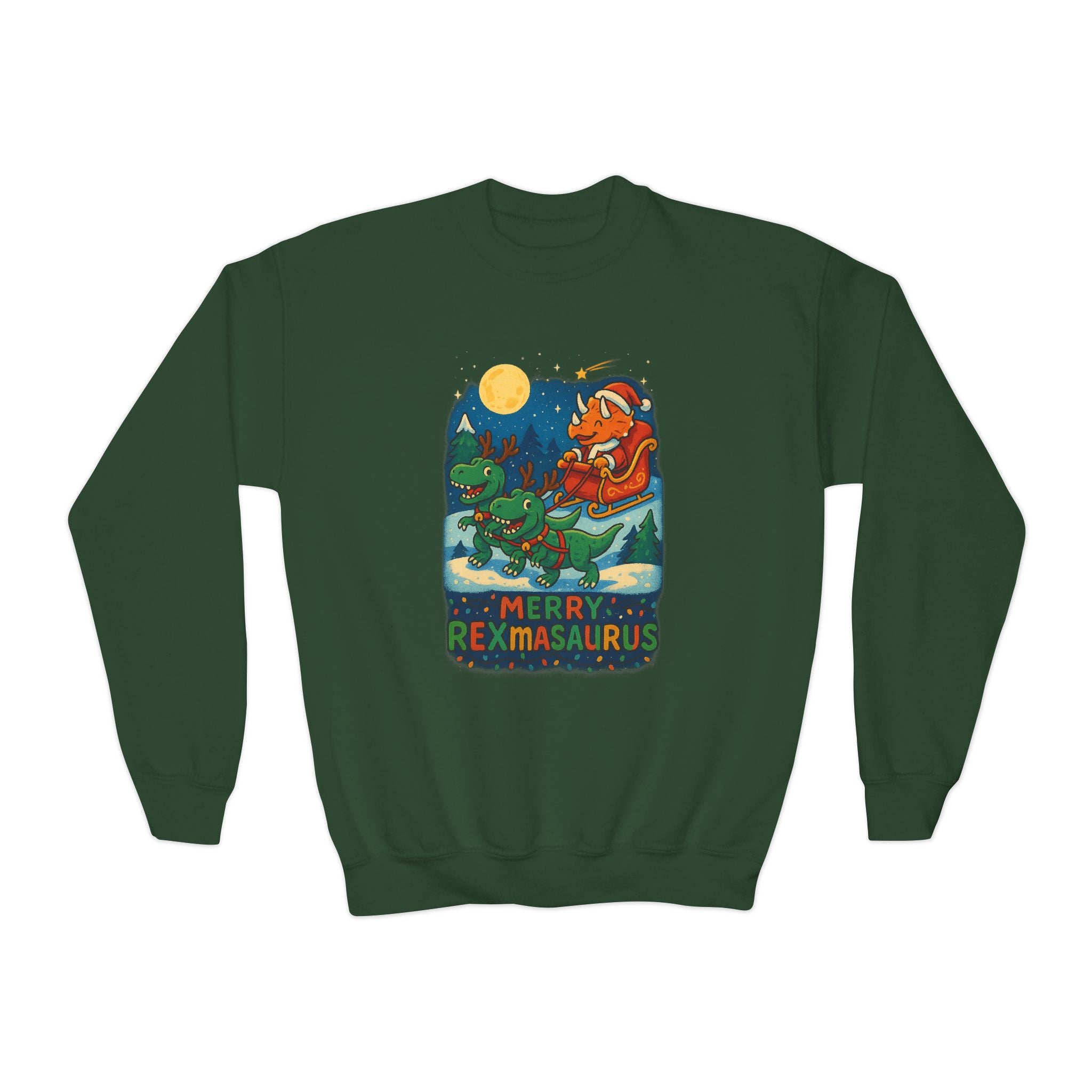 Merry Rexmasaurus Youth Dinosaur Christmas Sleigh Kids Sweatshirt