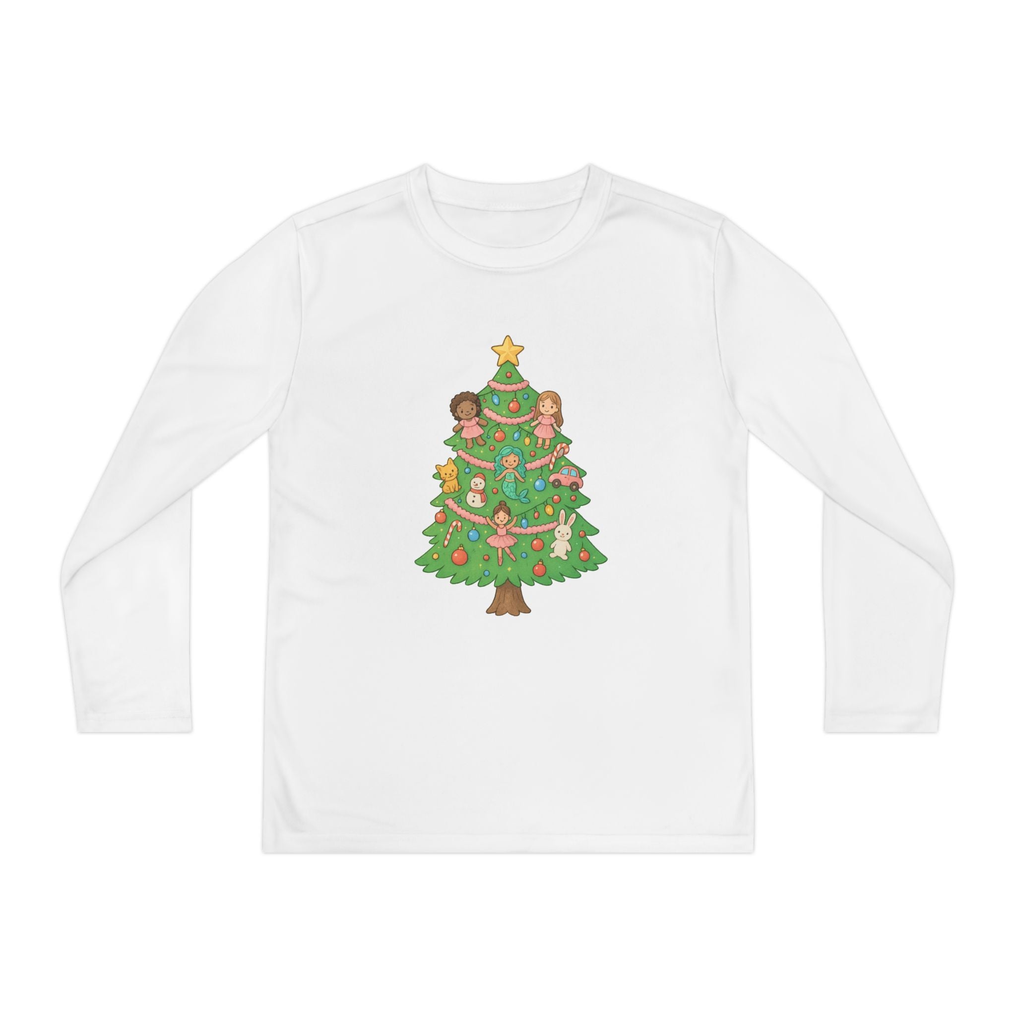 Girls Christmas Tree Toys Youth Long Sleeve Holiday Tee