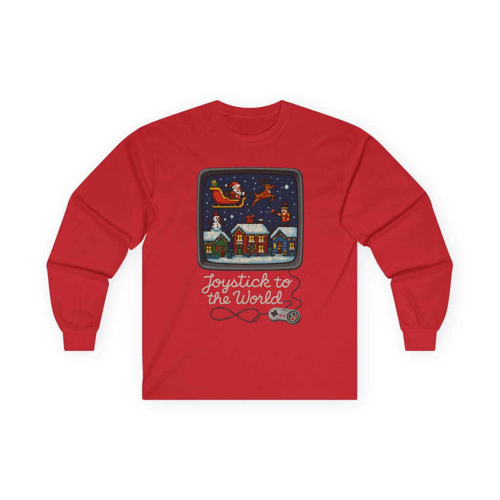 Christmas Video Game Nostalgic "Joystick to the World" Retro Holiday Gaming Long Sleeve Tee