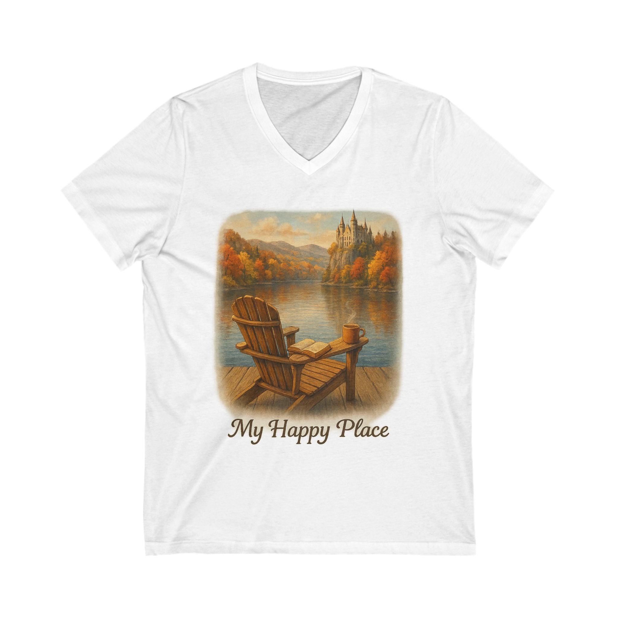 My Happy Place V-Neck Tee, Unisex Short Sleeve Shirt for Relaxation, Nature Lovers, Summer Outings, Gift for Friends, Book Lovers