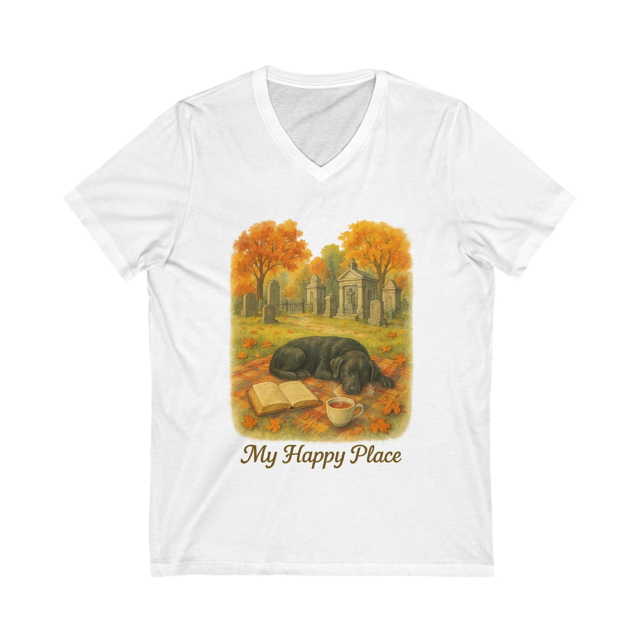 Cozy Dog Lover Tee, My Happy Place V-Neck Shirt, Autumn Vibes T-Shirt, Gift for Pet Owners, Relaxing Moments Top, Book Lovers