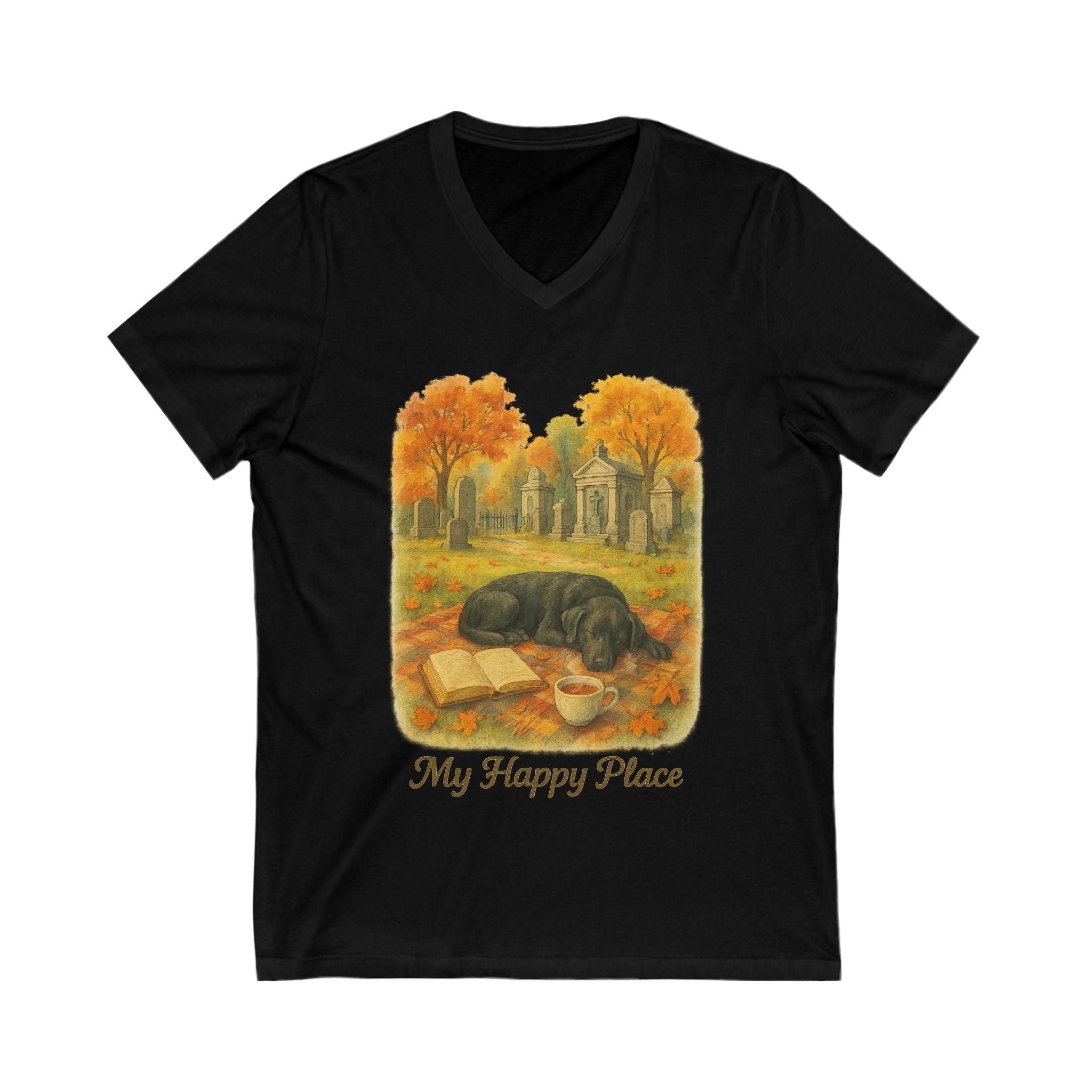 Cozy Dog Lover Tee, My Happy Place V-Neck Shirt, Autumn Vibes T-Shirt, Gift for Pet Owners, Relaxing Moments Top, Book Lovers