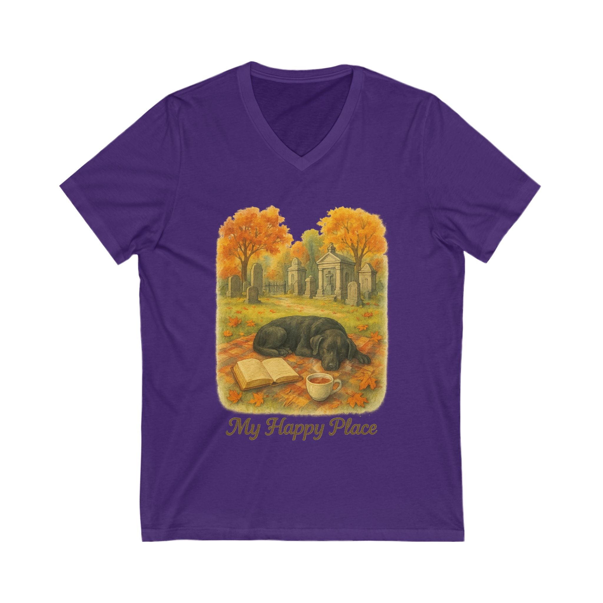 Cozy Dog Lover Tee, My Happy Place V-Neck Shirt, Autumn Vibes T-Shirt, Gift for Pet Owners, Relaxing Moments Top, Book Lovers
