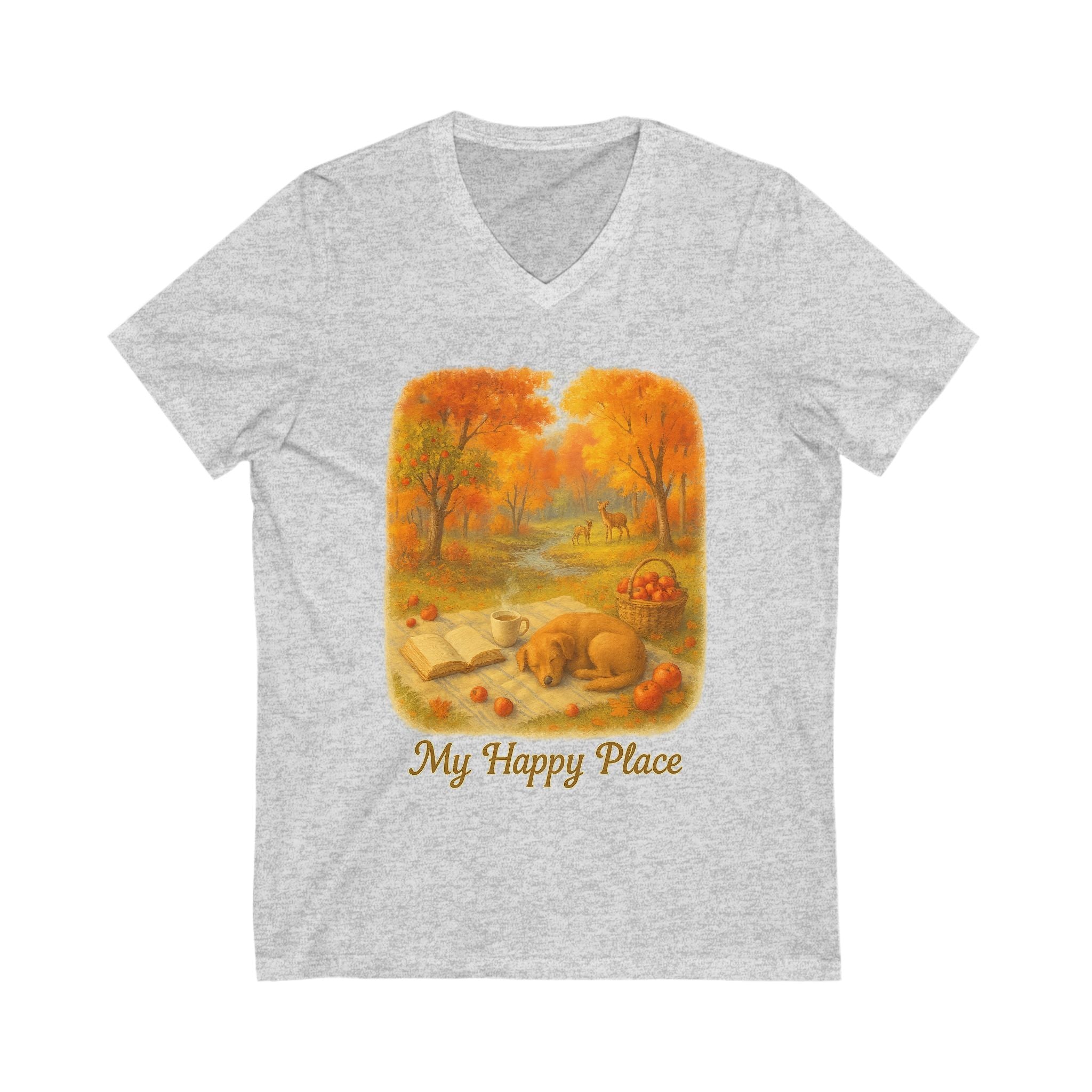 Autumn Vibes T-Shirt: My Happy Place V-Neck Tee, Book Lovers, Fall and Halloween