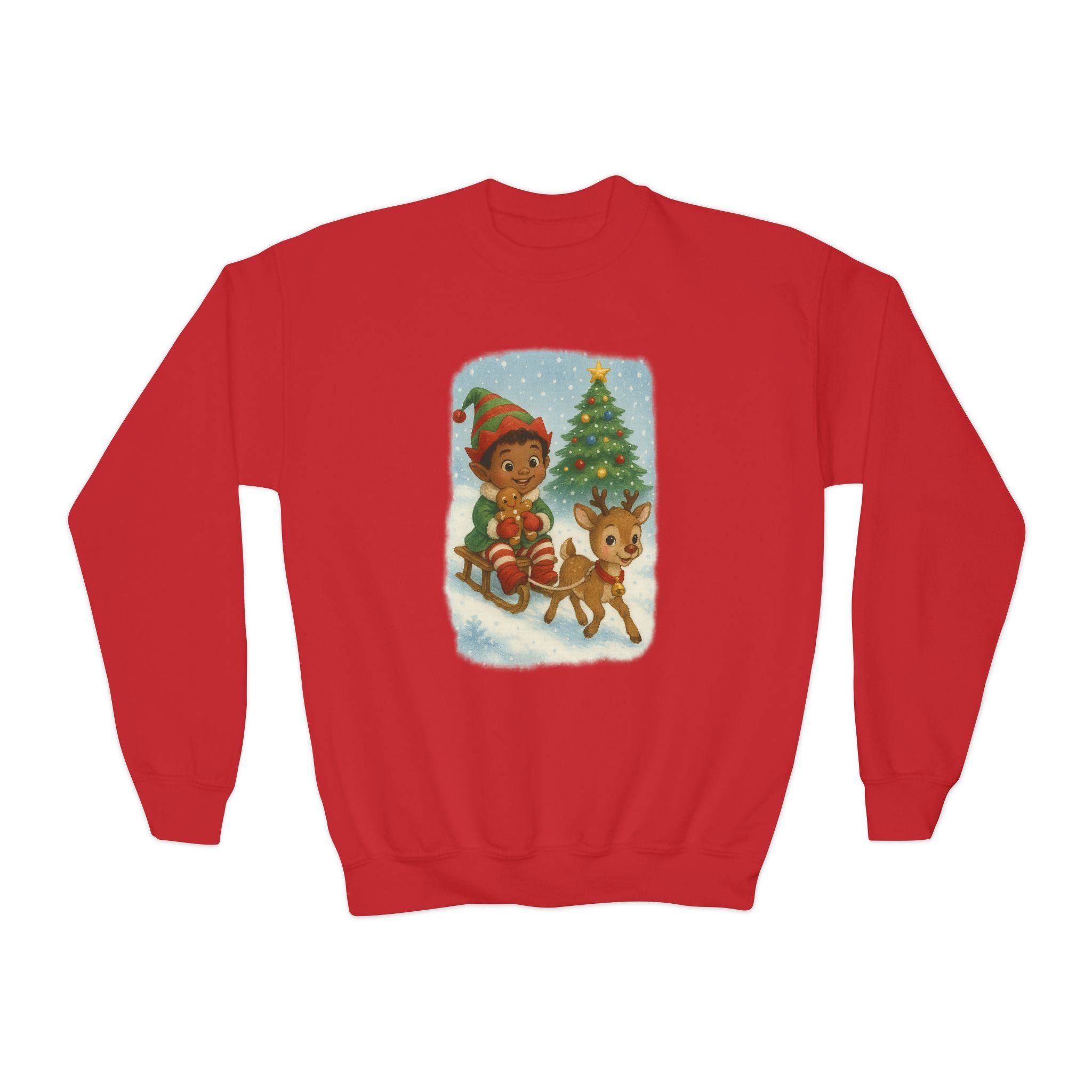 Christmas Elf Sledding Reindeer Kids Holiday Sweatshirt