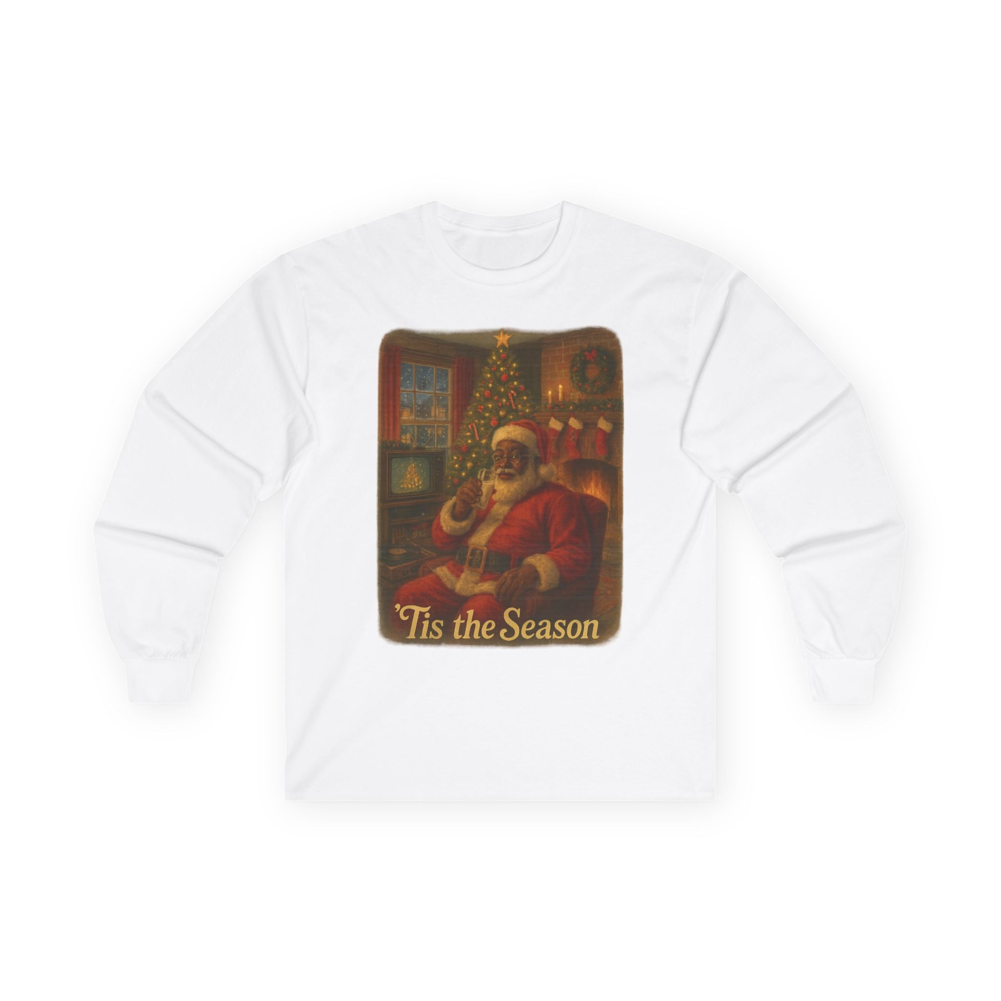 Festive Black Santa Long Sleeve Tee - Nostalgic 'Tis the Season vintage Christmas Shirt