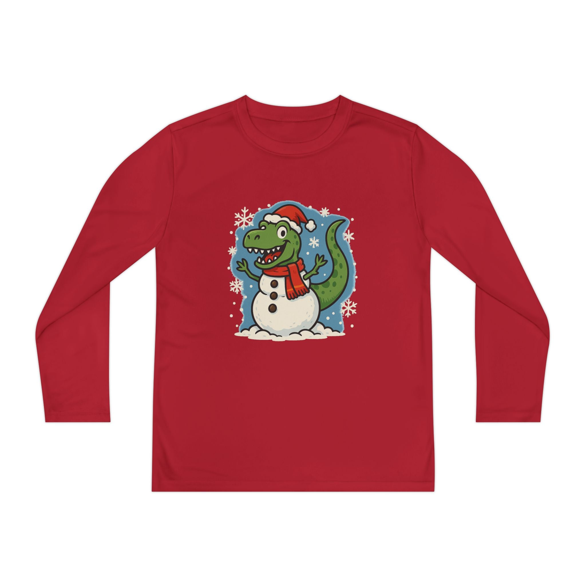 Dinosaur Snowman Christmas Holiday Youth Long Sleeve Tee