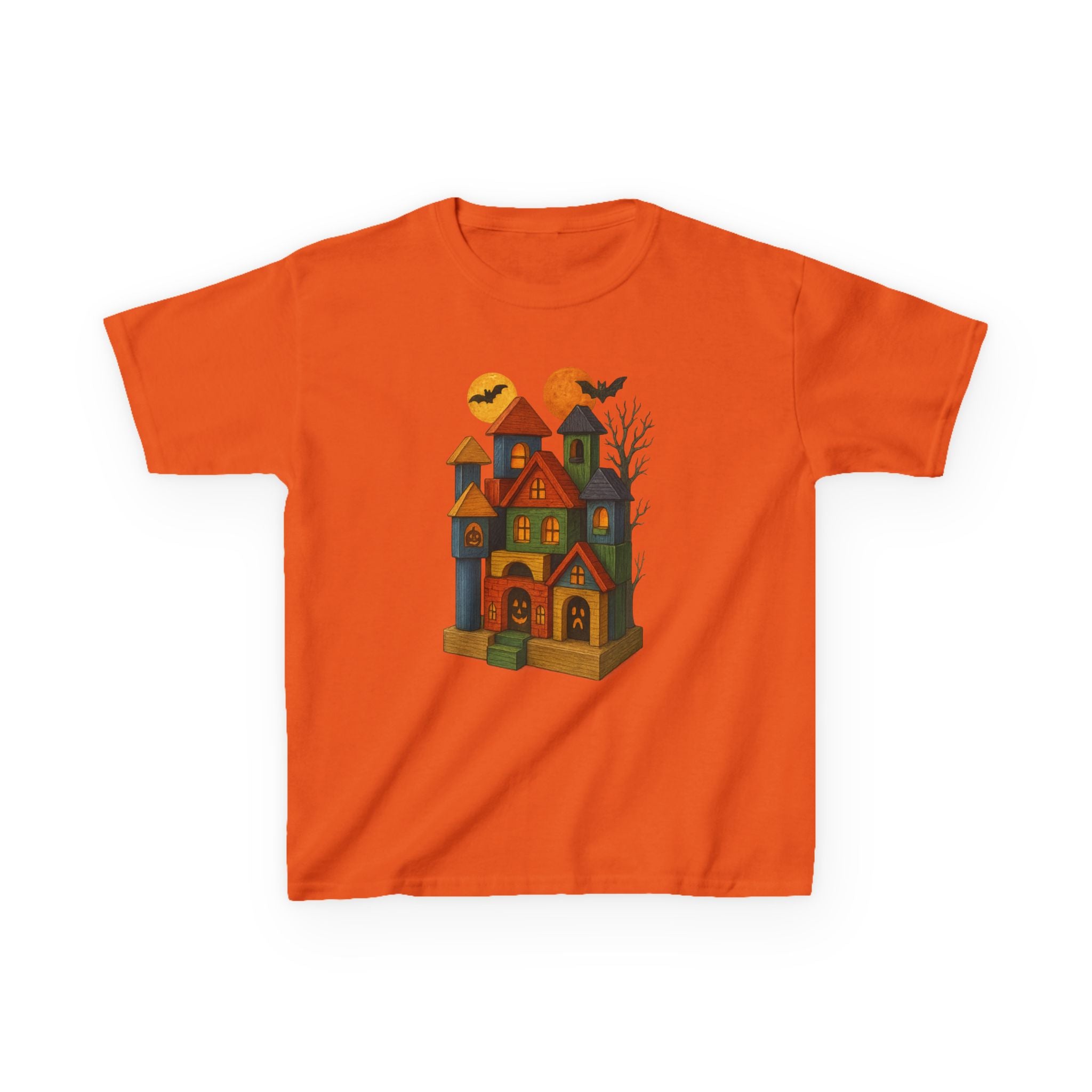 Halloween Wood Block Haunted House Kids Tee Shirt, Fall Festivities Apparel