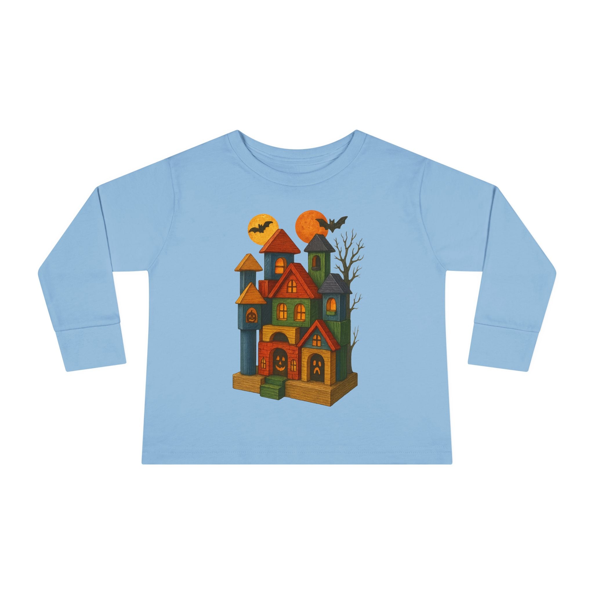Halloween Toddler Long Sleeve Tee Shirt, Spooky Wood Blocks Castle, Gift for Kids
