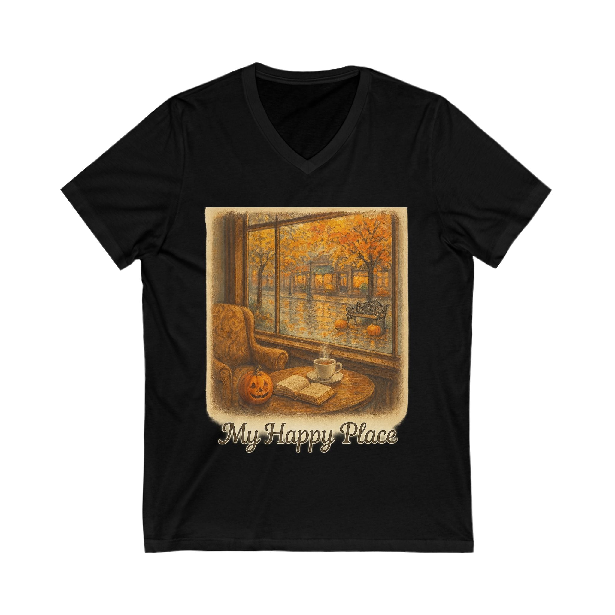 Autumn V-Neck Tee: My Happy Place, Cozy Fall Shirt, Pumpkin Spice Apparel, Perfect for Home Lovers, Book Lovers