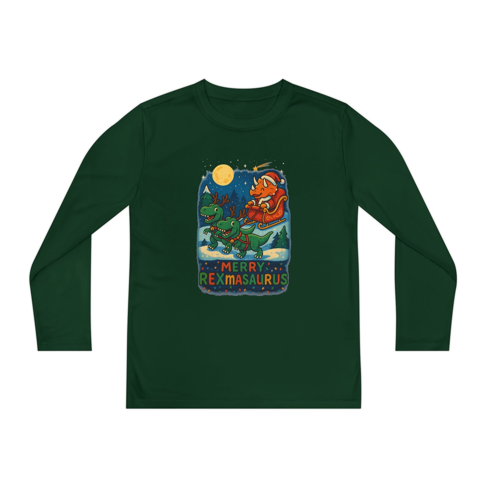 Merry Rexmas Kids Dinosaur Santa Sleigh Christmas Holiday Long Sleeve Tee