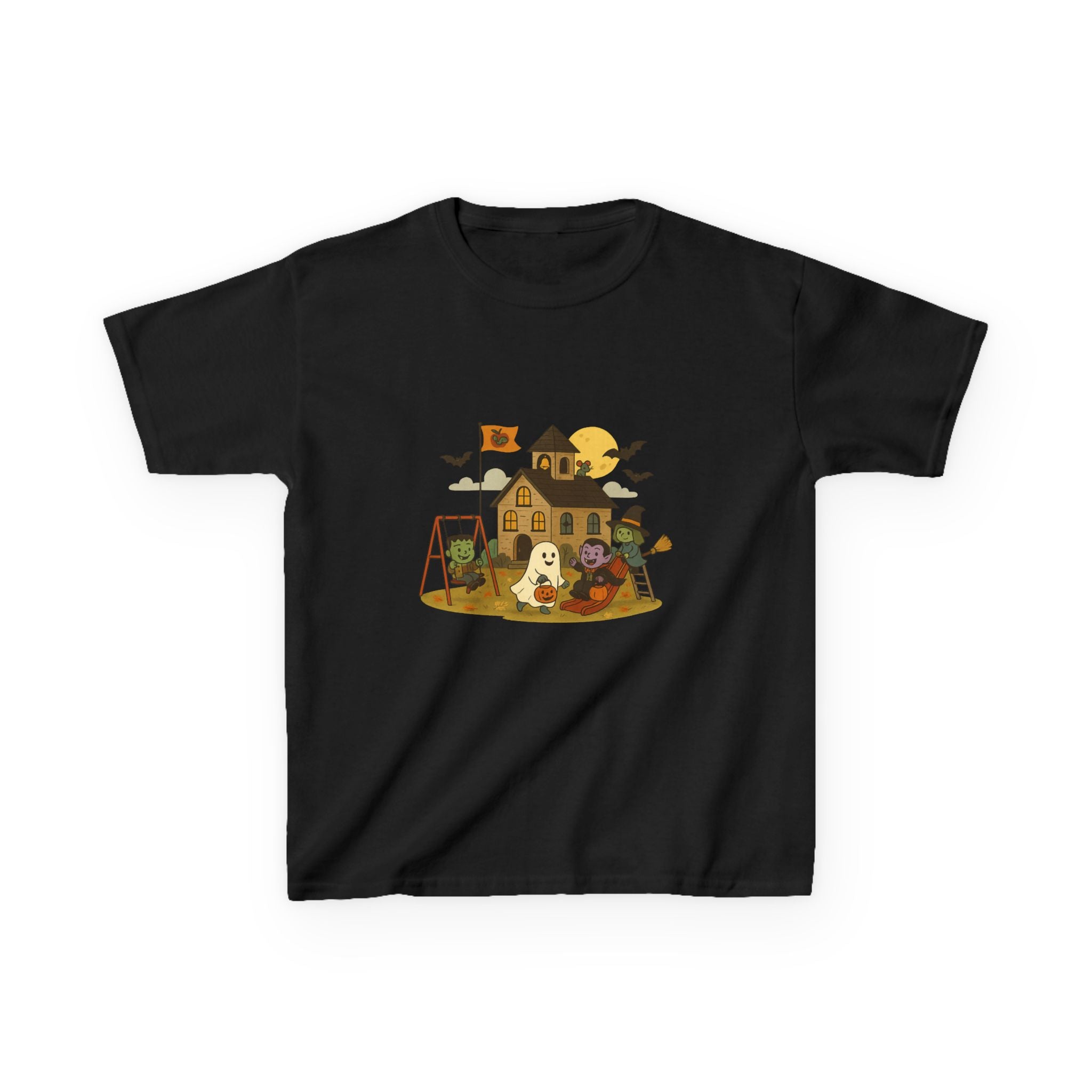 Playful Kids Tee with Haunted House Design, Perfect for Halloween, Everyday Wear, Kid's Gift Idea
