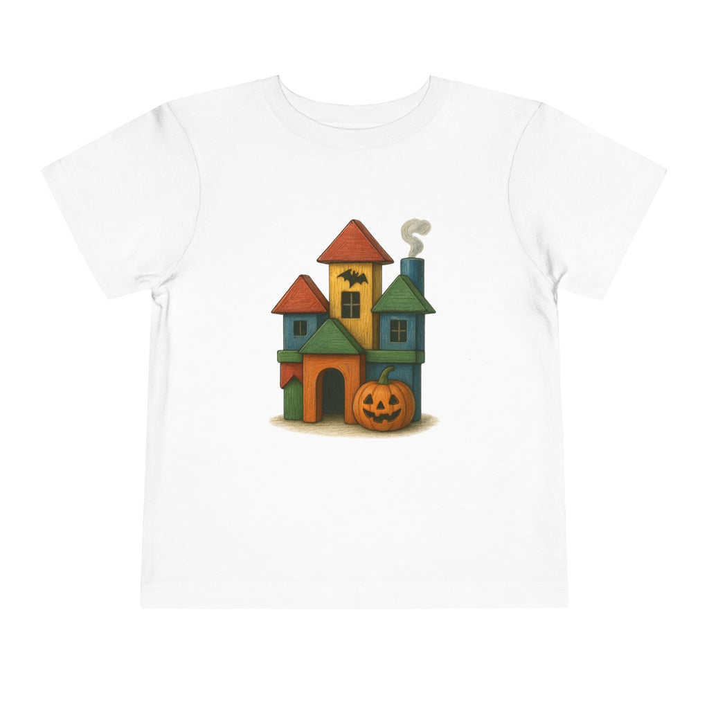 Halloween Toddler Tee - Cute Wood Block Haunted House Design, Kids Gift, Fall Apparel
