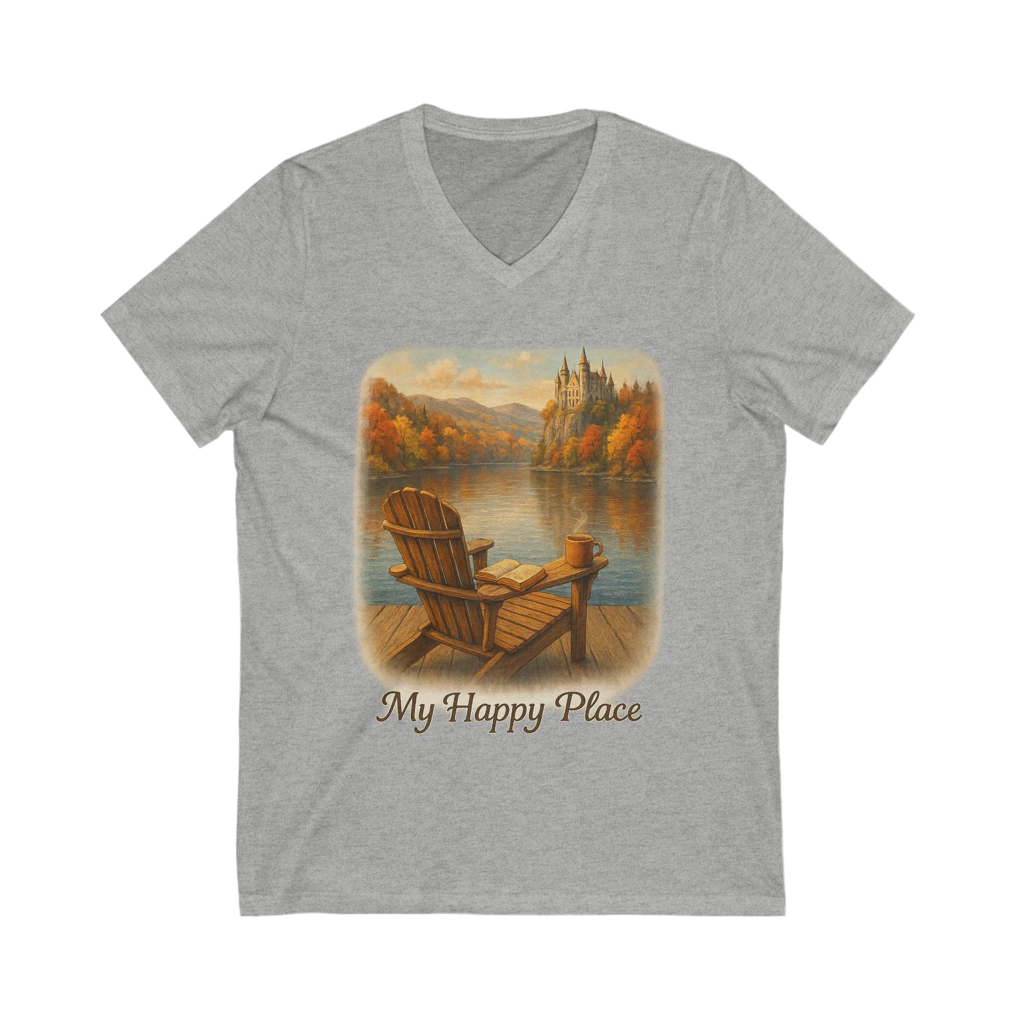My Happy Place V-Neck Tee, Unisex Short Sleeve Shirt for Relaxation, Nature Lovers, Summer Outings, Gift for Friends, Book Lovers