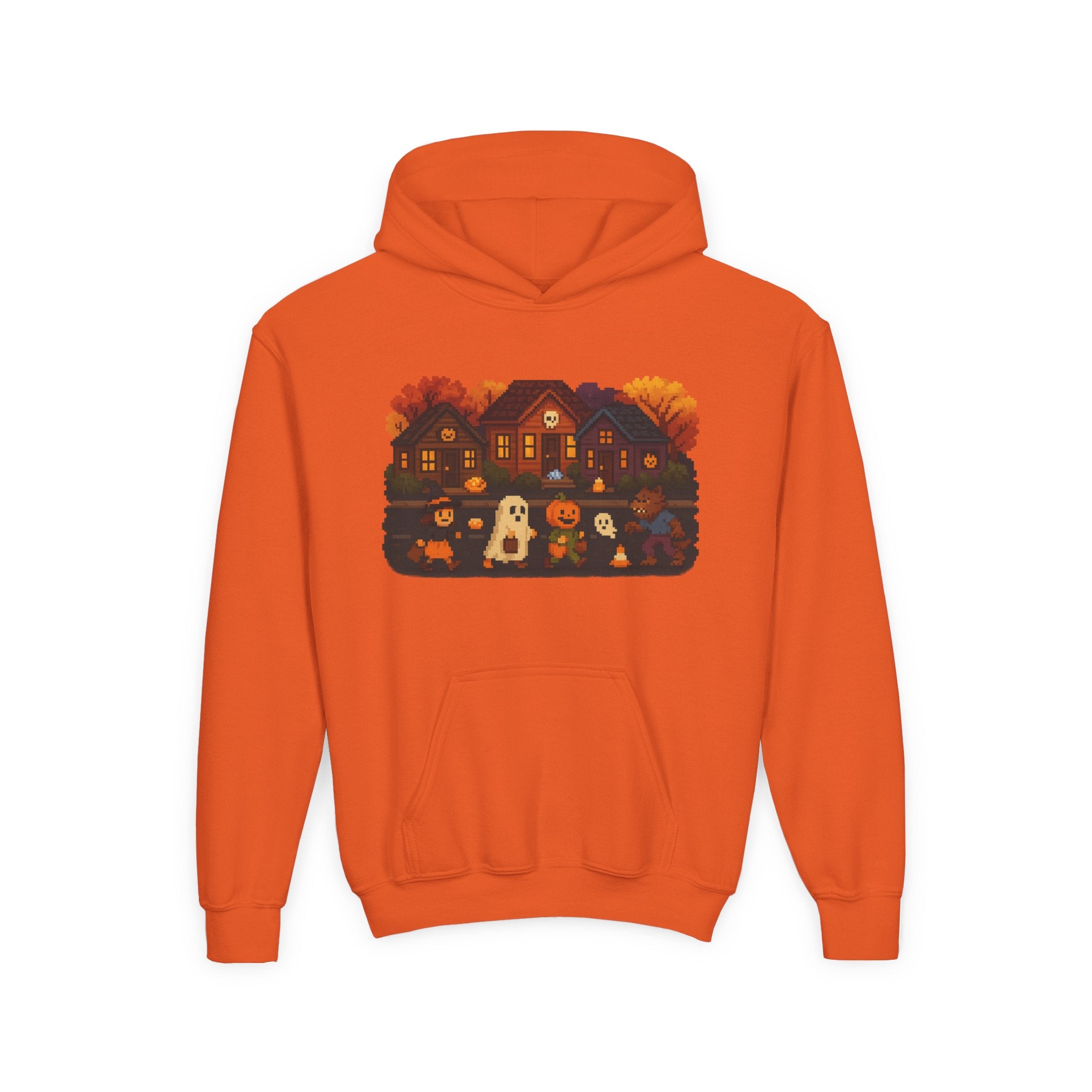 Cozy Halloween Youth Hoodie with Spooky Design, Vintage Video Game Trick or Treat Fun