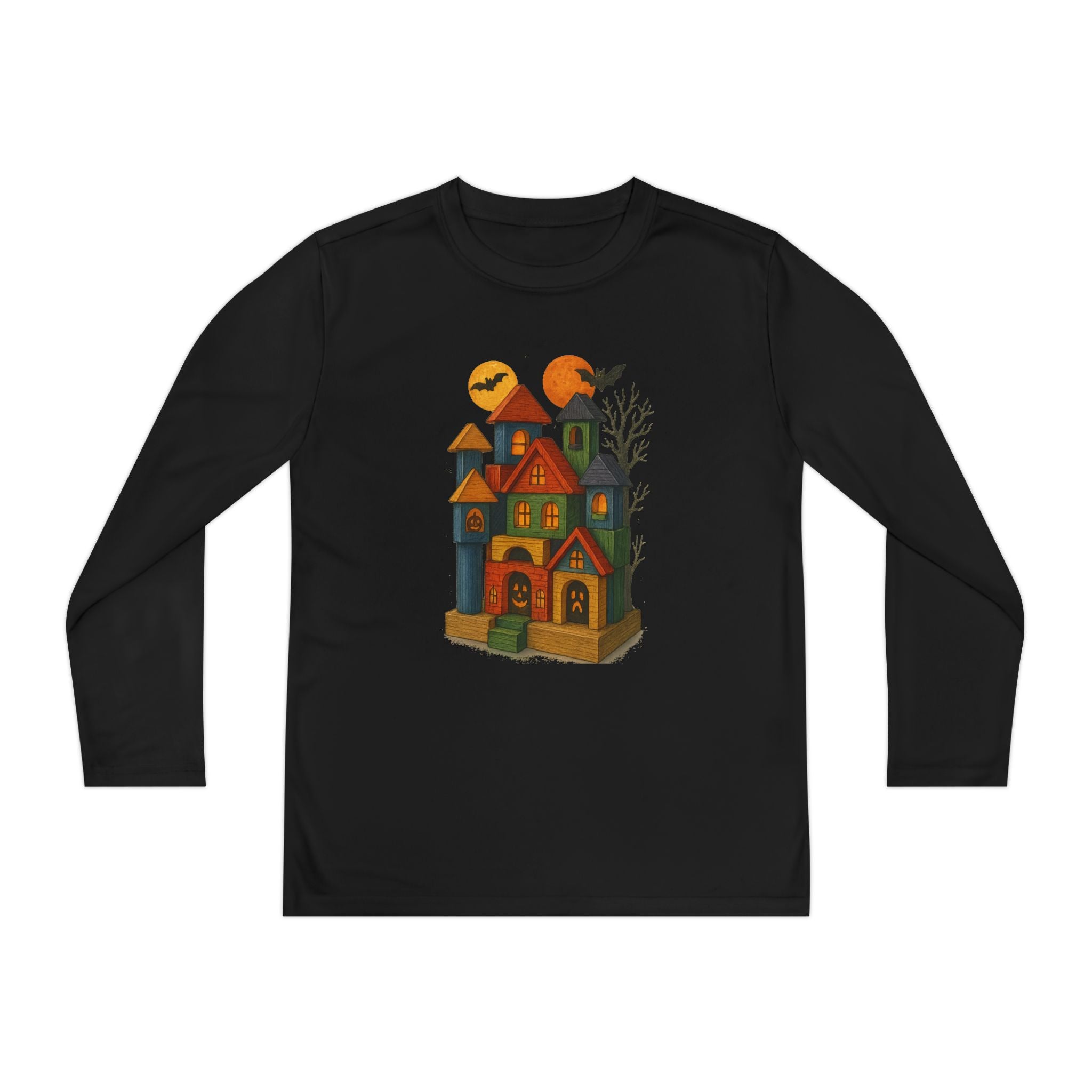 Spooky Wood Blocks Castle Long Sleeve Tee, Youth Shirt, Halloween, Fall Wardrobe Essential, Kids Graphic Tee