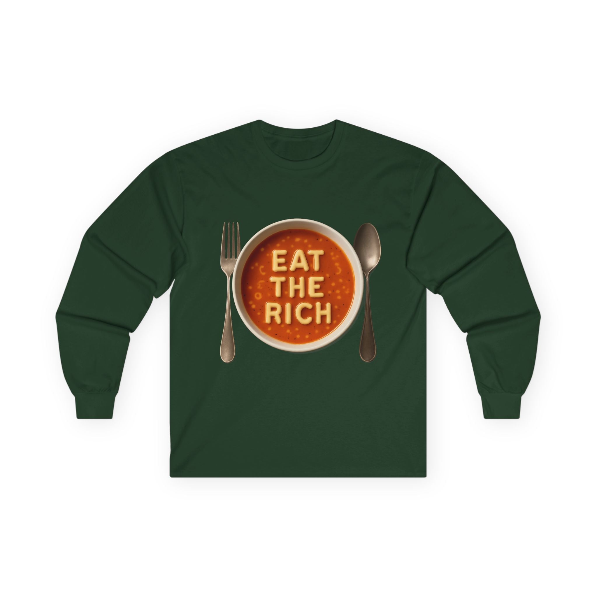 Long Sleeve Tee — "Eat The Rich" Soup Bowl Satire Protest Shirt