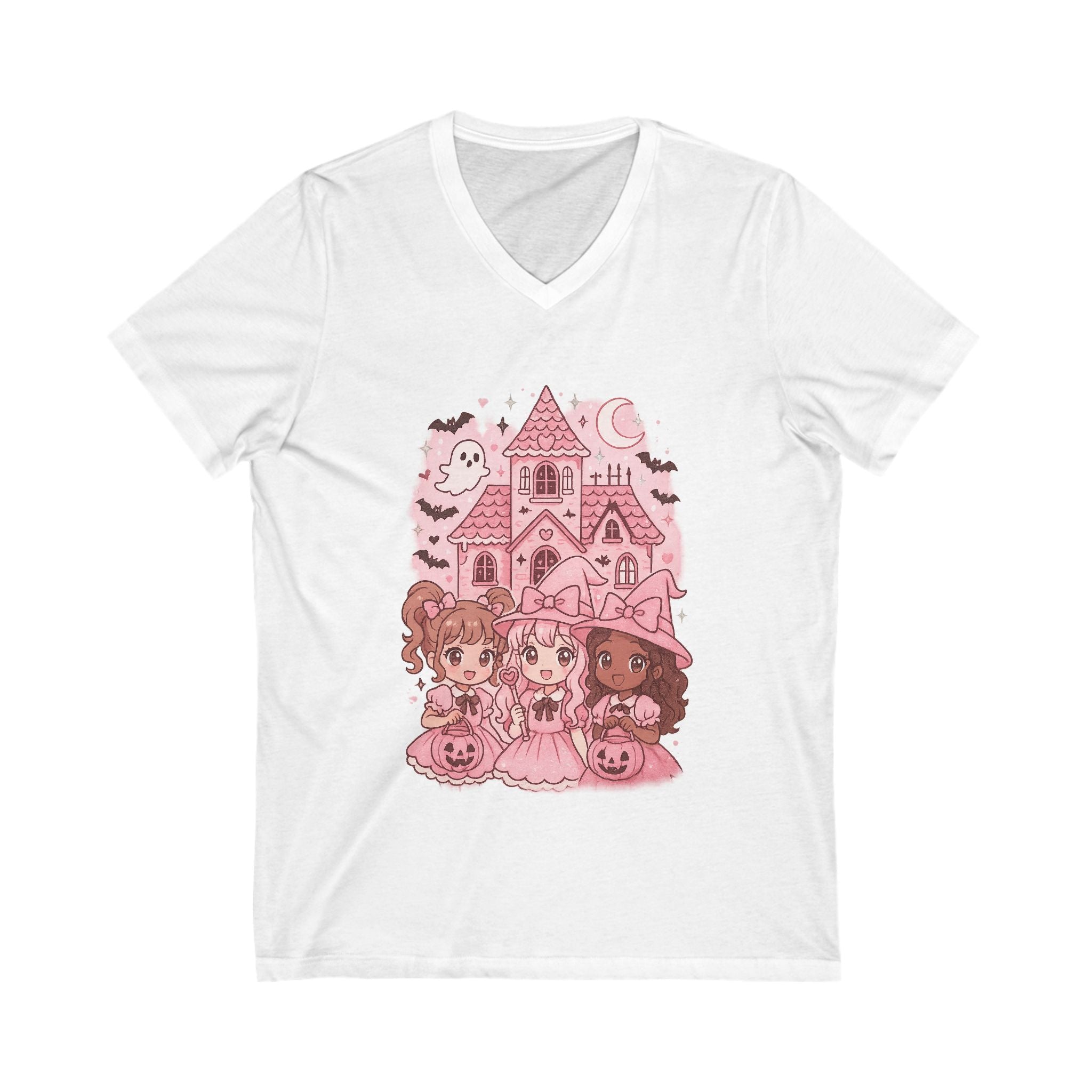 Anime Cartoon, Cute Halloween V-Neck Tee, Halloween Shirt, Spooky Girls Tee, Kawaii Ghost T-Shirt, Fun Fall Fashion