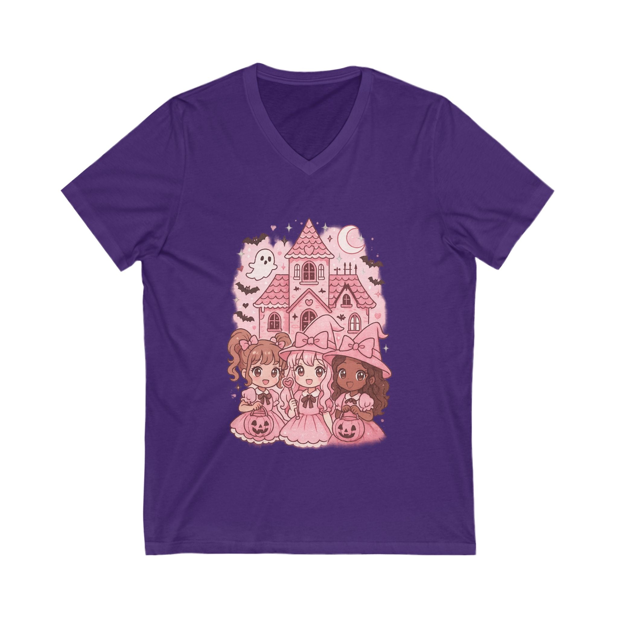 Anime Cartoon, Cute Halloween V-Neck Tee, Halloween Shirt, Spooky Girls Tee, Kawaii Ghost T-Shirt, Fun Fall Fashion